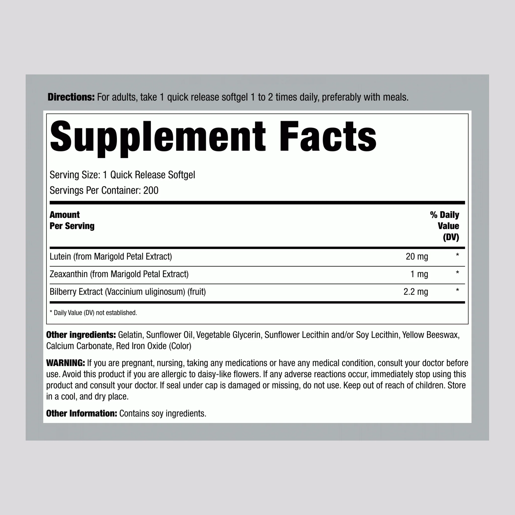 Lutein Bilberry Eye Vision Guard + Zeaxanthin, 200 Quick Release Softgels - Image 2