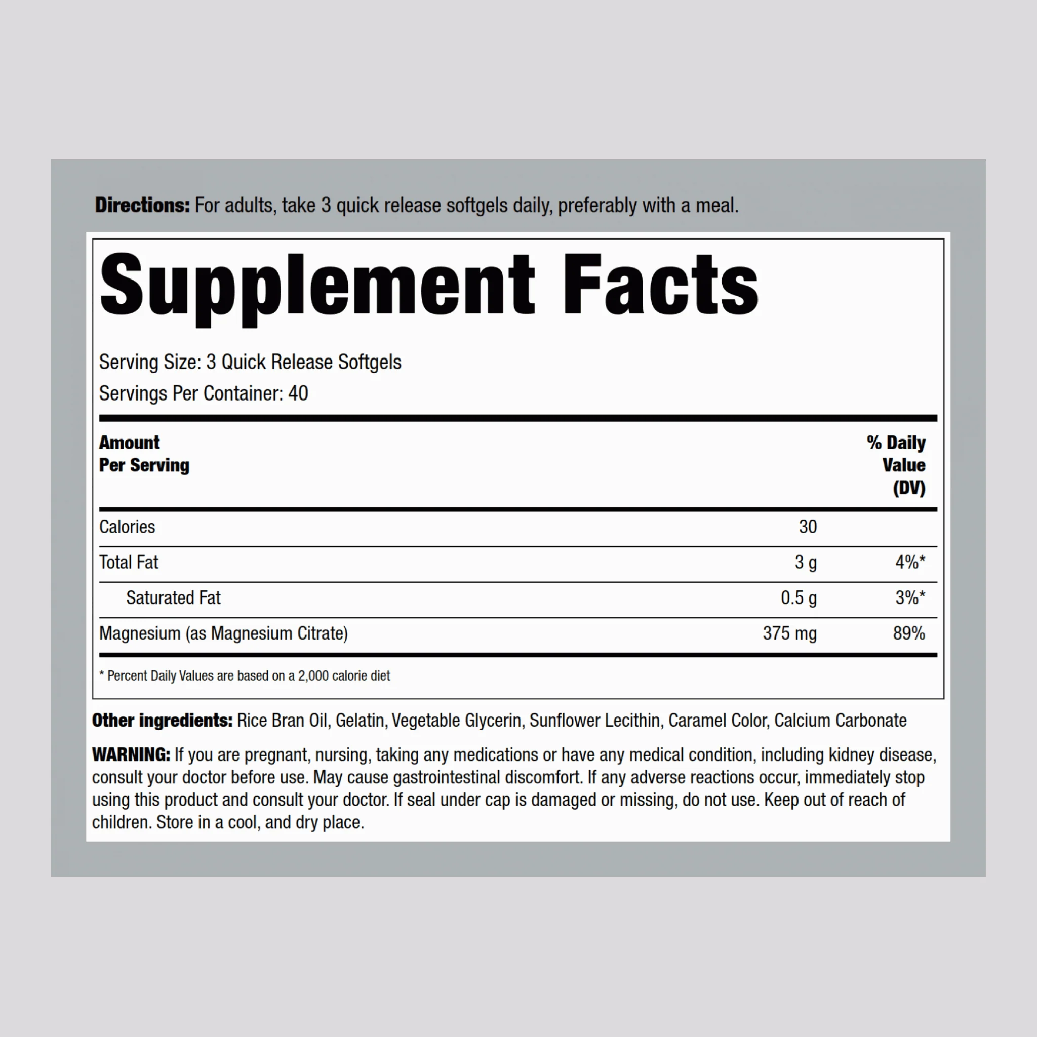 Magnesium Citrate, 375 mg (per serving), 120 Quick Release Softgels - Image 2