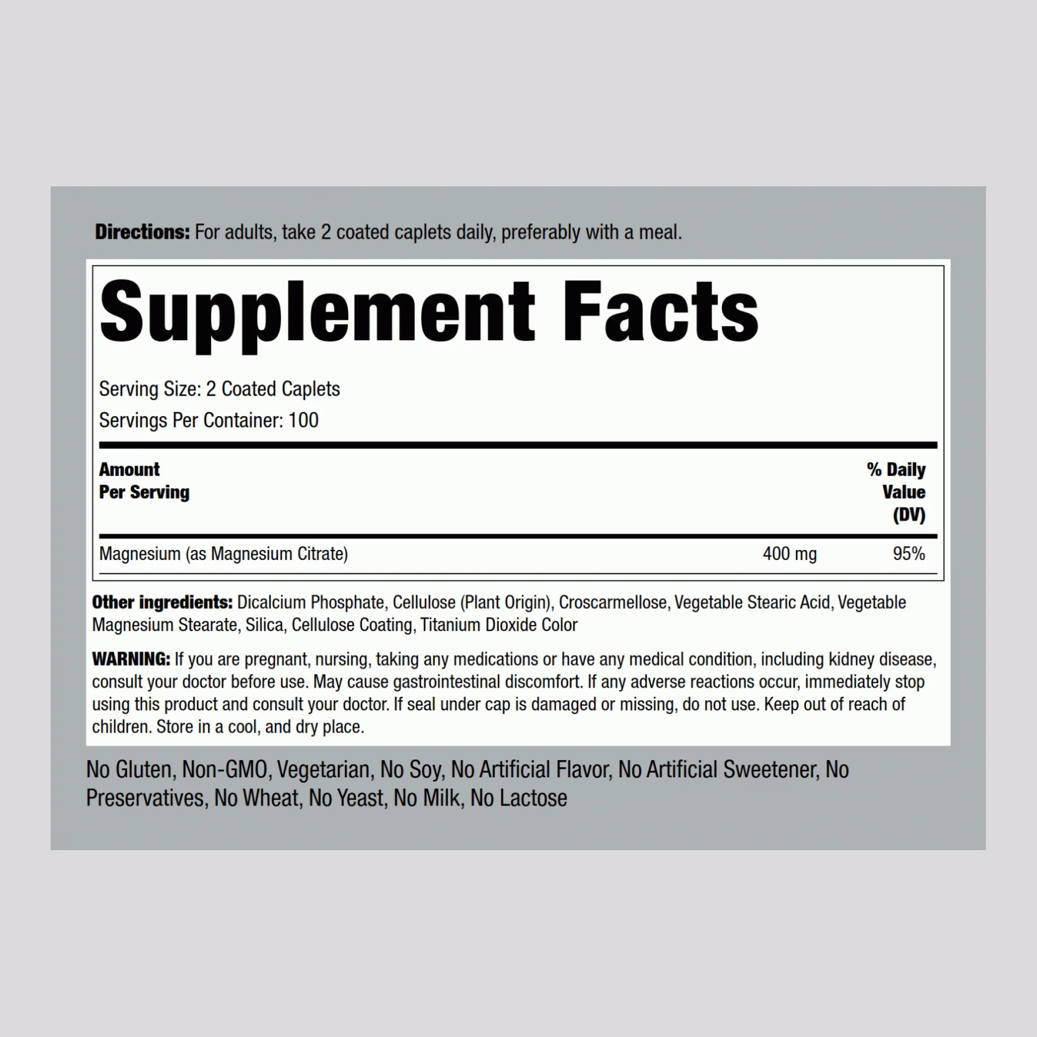 Magnesium Citrate, 400 mg (per serving), 200 Coated Caplets - Image 2