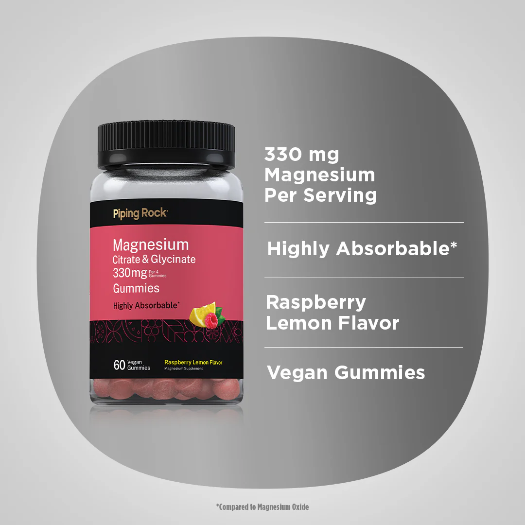 Magnesium Citrate & Glycinate (Raspberry Lemon), 330 mg (per serving), 60 Vegan Gummies - Image 3