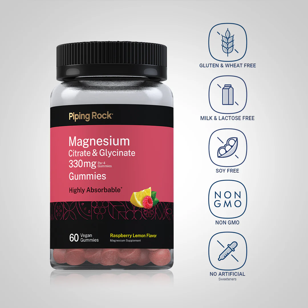 Magnesium Citrate & Glycinate (Raspberry Lemon), 330 mg (per serving), 60 Vegan Gummies, 2  Bottles - Image 4