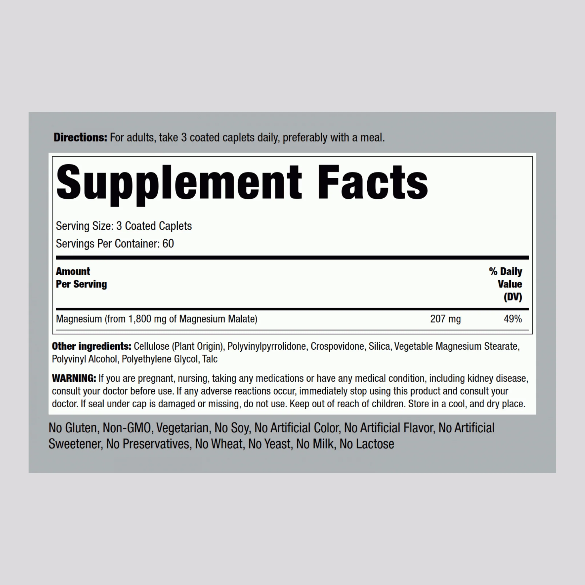 Magnesium Malate, 1800 mg (per serving), 180 Coated Caplets, 2  Bottles - Image 2