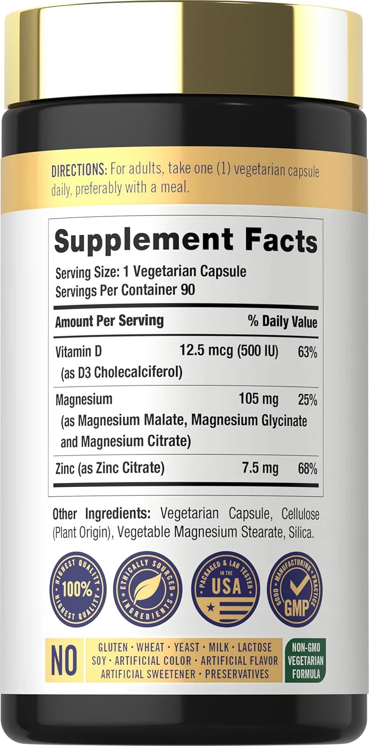Magnesium Zinc and Vitamin D3, 90 Vegetarian Capsules - Image 4