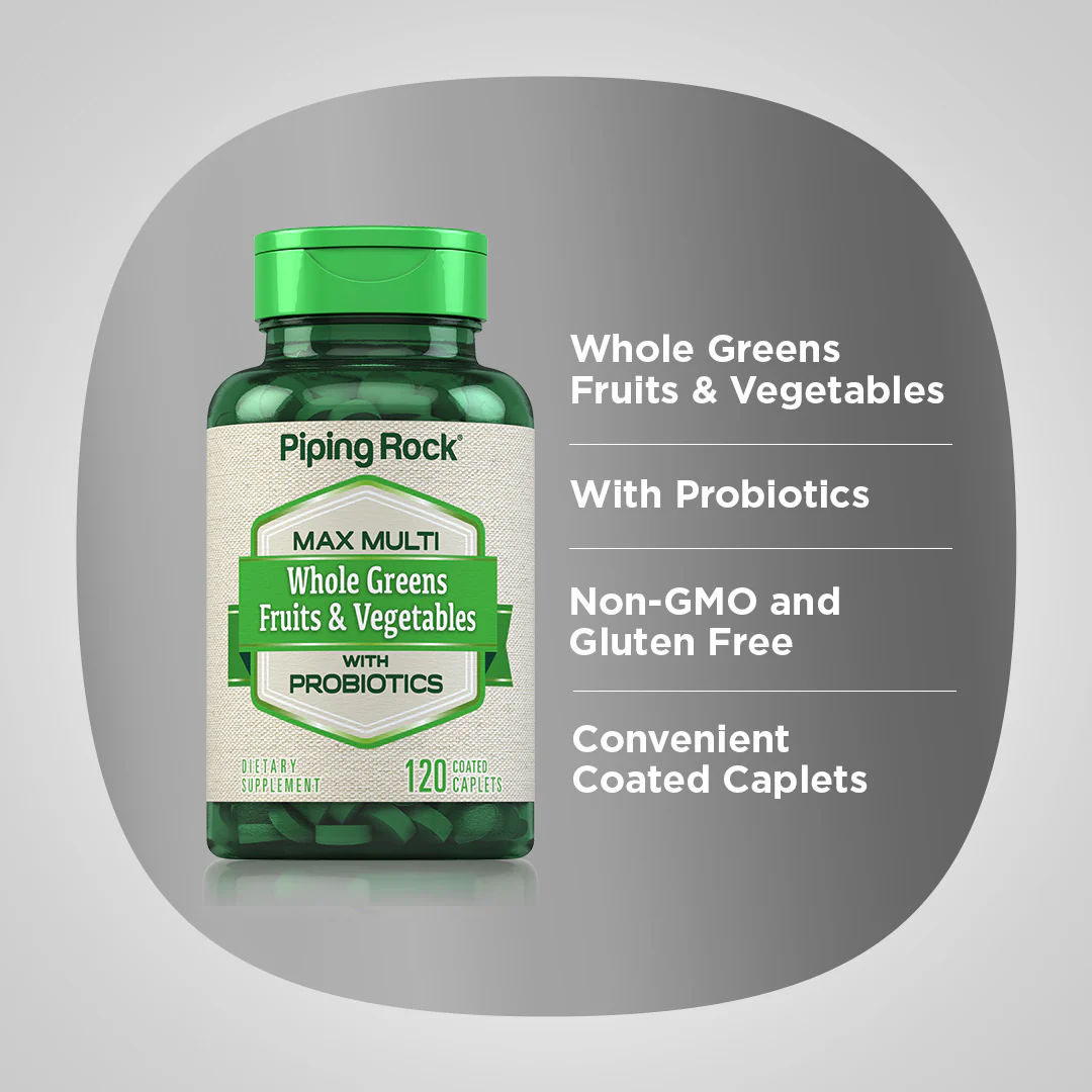 Max Multi Whole Greens/Fruits & Vegetables with Probiotics, 120 Coated Caplets - Image 3