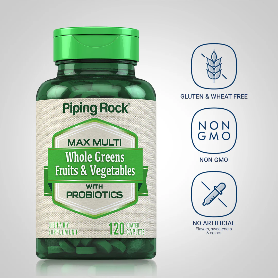 Max Multi Whole Greens/Fruits & Vegetables with Probiotics, 120 Coated Caplets - Image 4