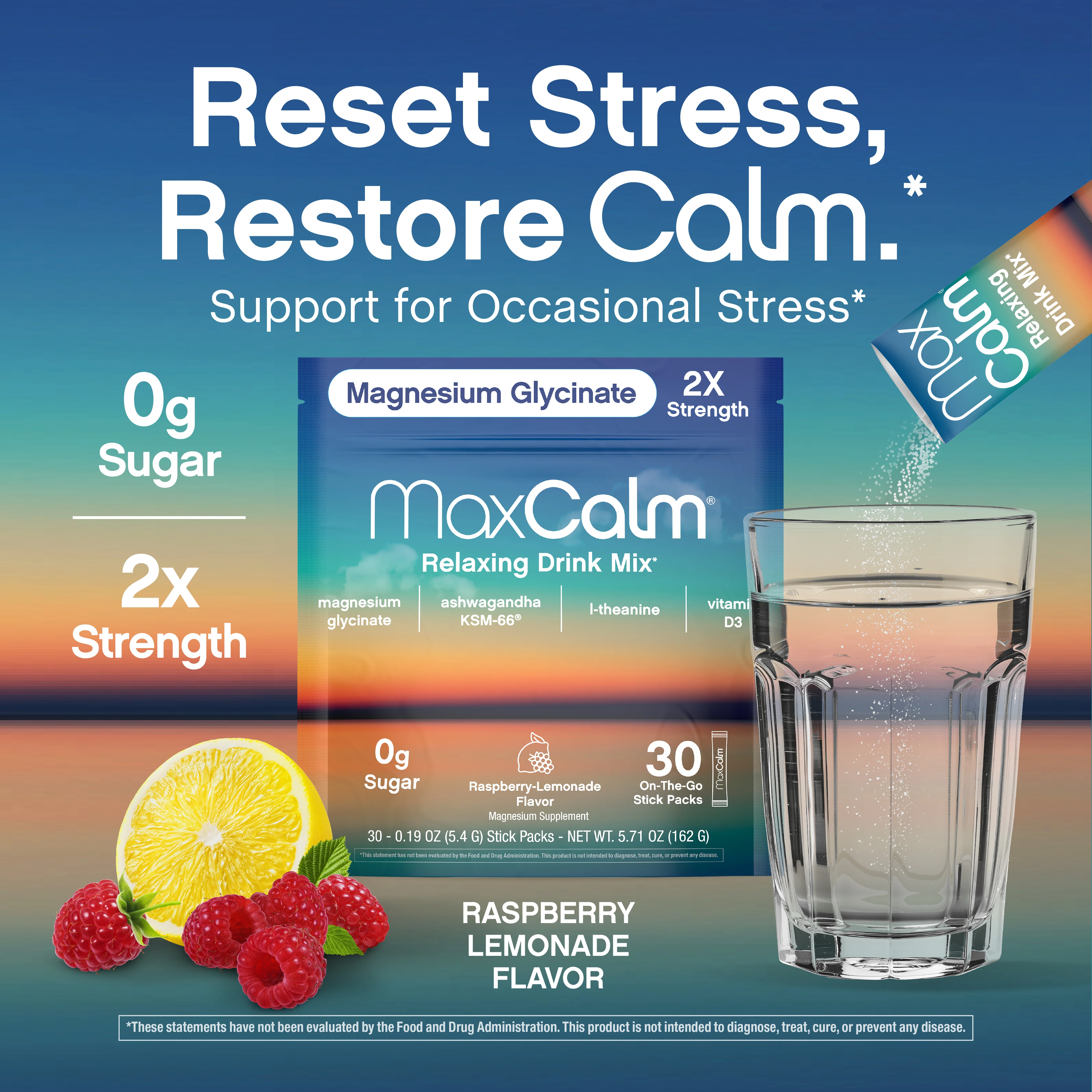 MaxCalm® Relaxing Drink Mix* Magnesium Glycinate Raspberry-Lemonade, 30 Stick Packs - Image 6