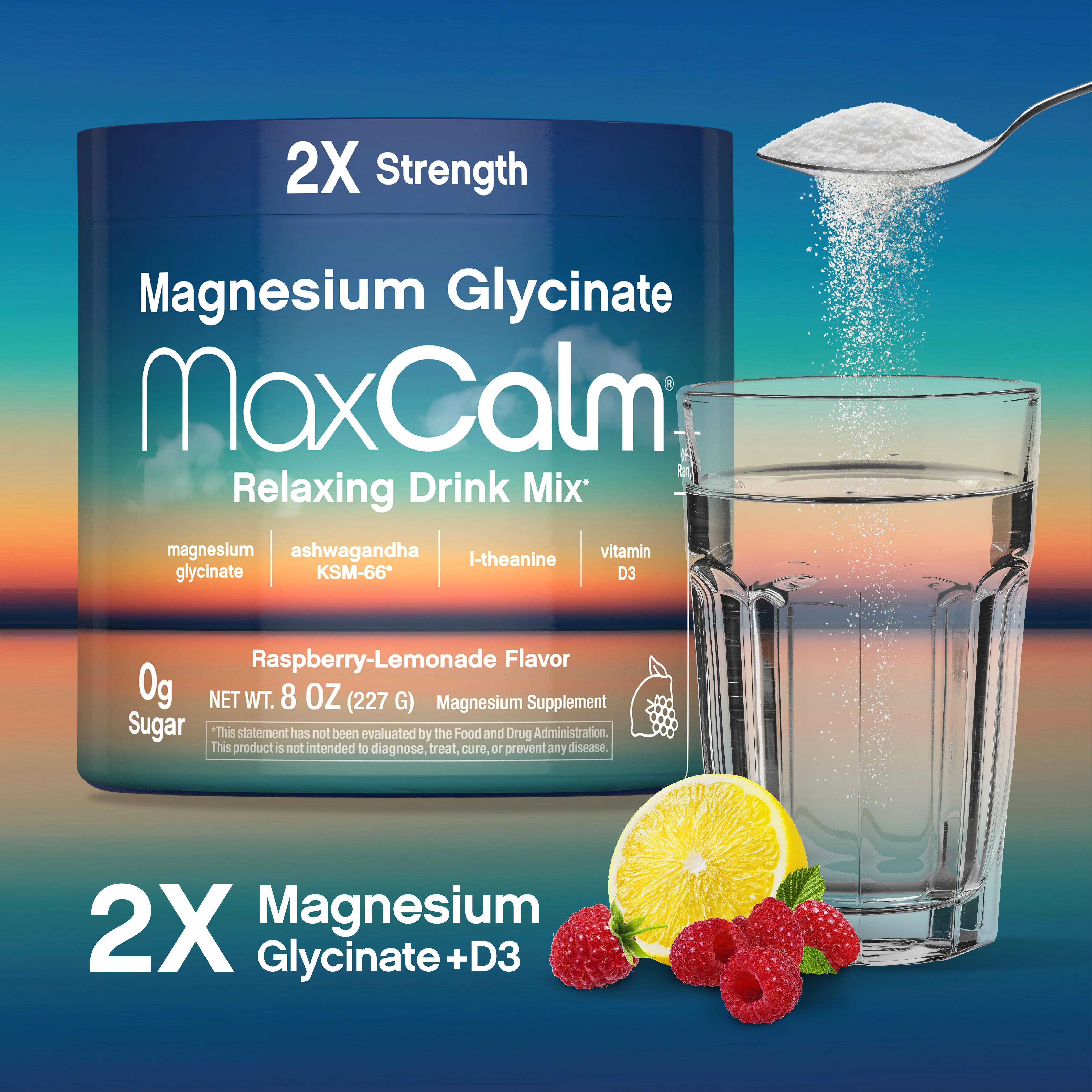 MaxCalm® Relaxing Drink Mix* Magnesium Glycinate Raspberry-Lemonade, 8 oz (227 g) Bottle - Image 4