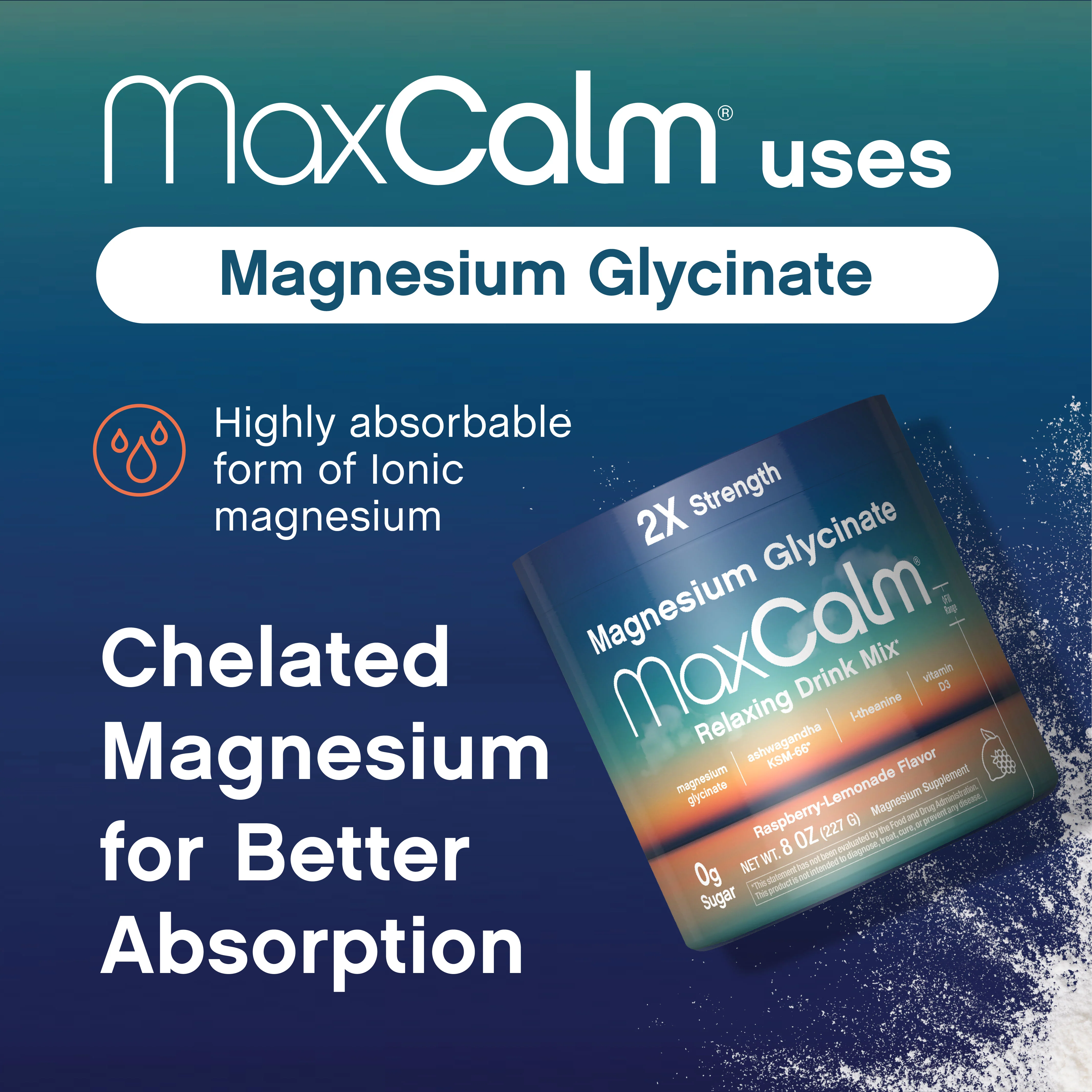 MaxCalm® Relaxing Drink Mix* Magnesium Glycinate Raspberry-Lemonade, 8 oz (227 g) Bottle - Image 8