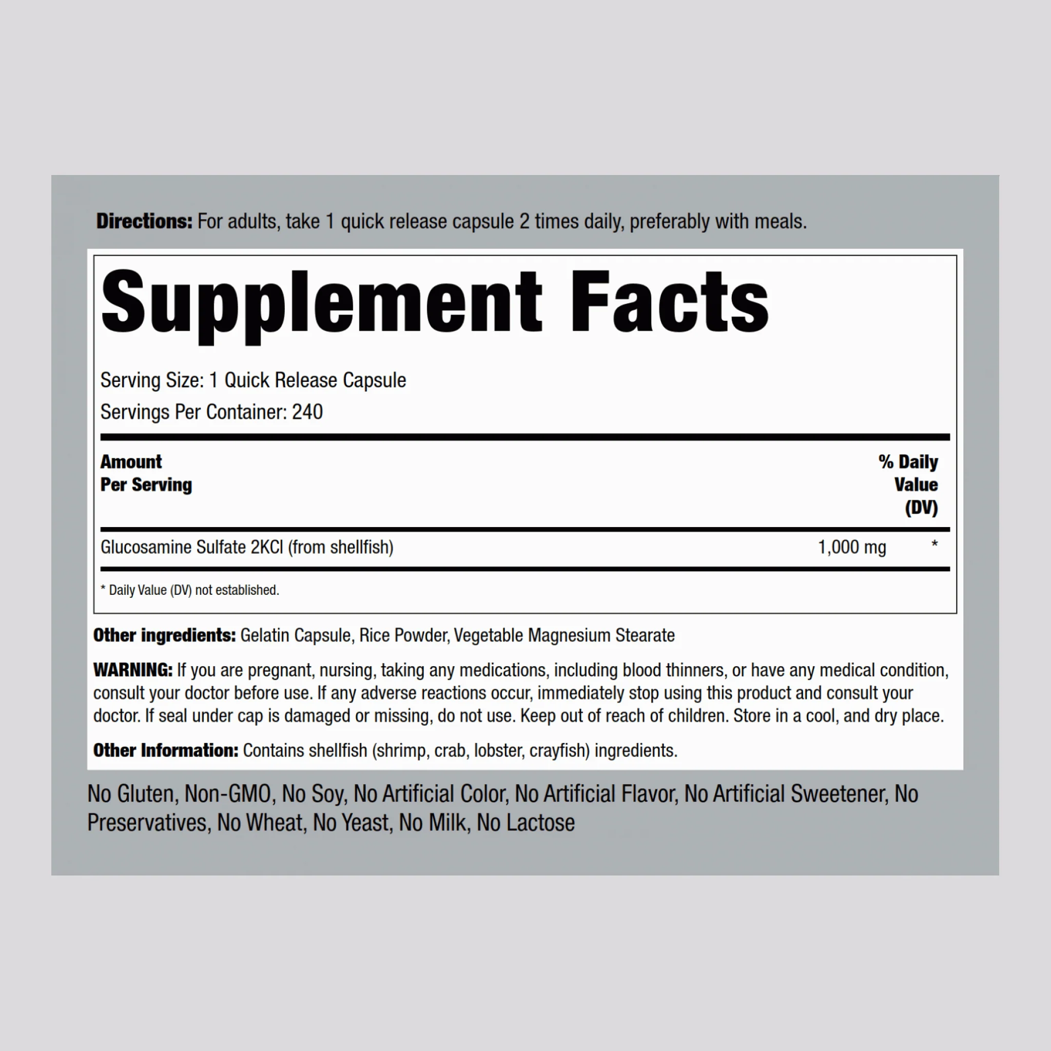 Mega Glucosamine Sulfate, 1000 mg, 240 Quick Release Capsules - Image 2