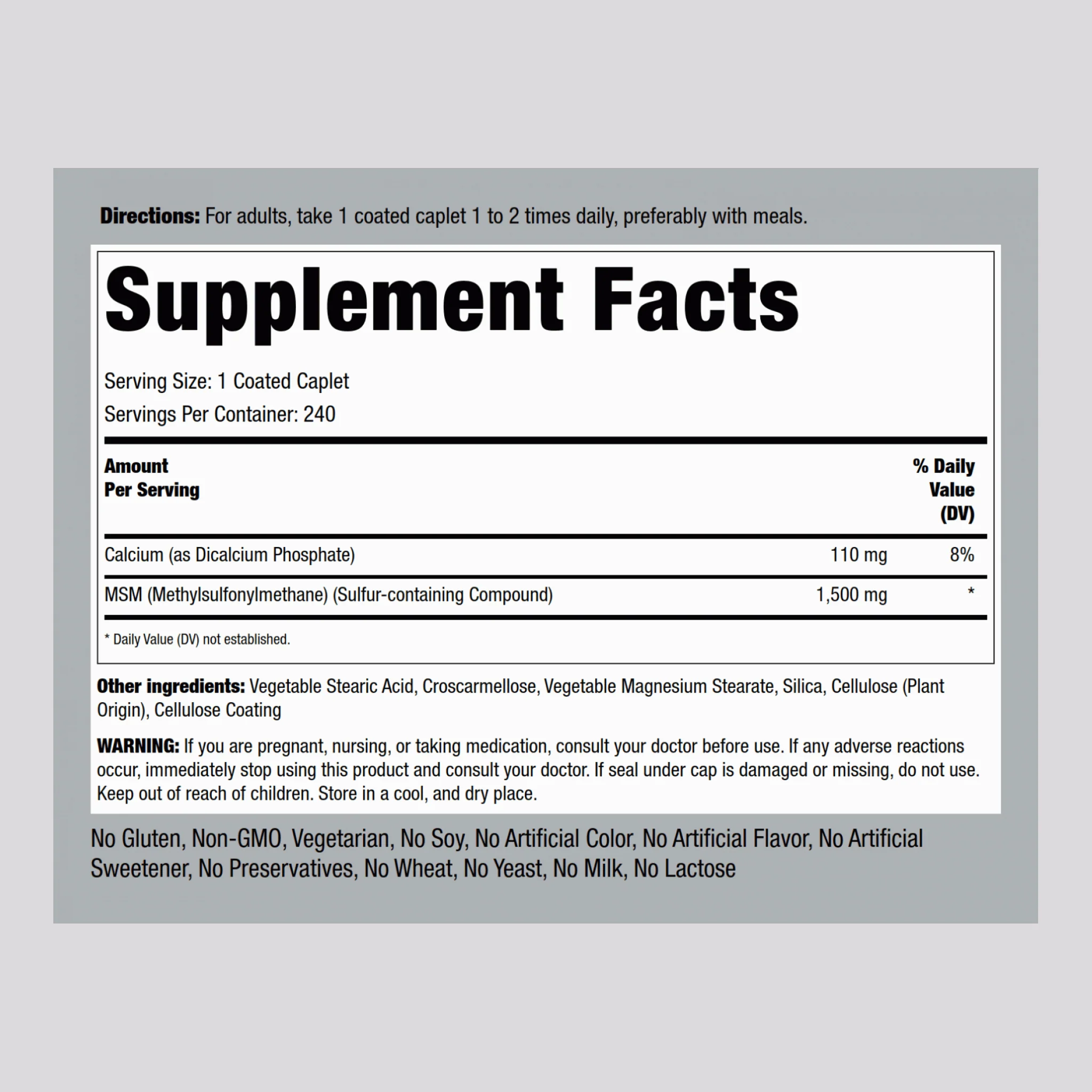 Mega MSM + Sulfur, 1500 mg, 240 Coated Caplets, 2  Bottles - Image 2