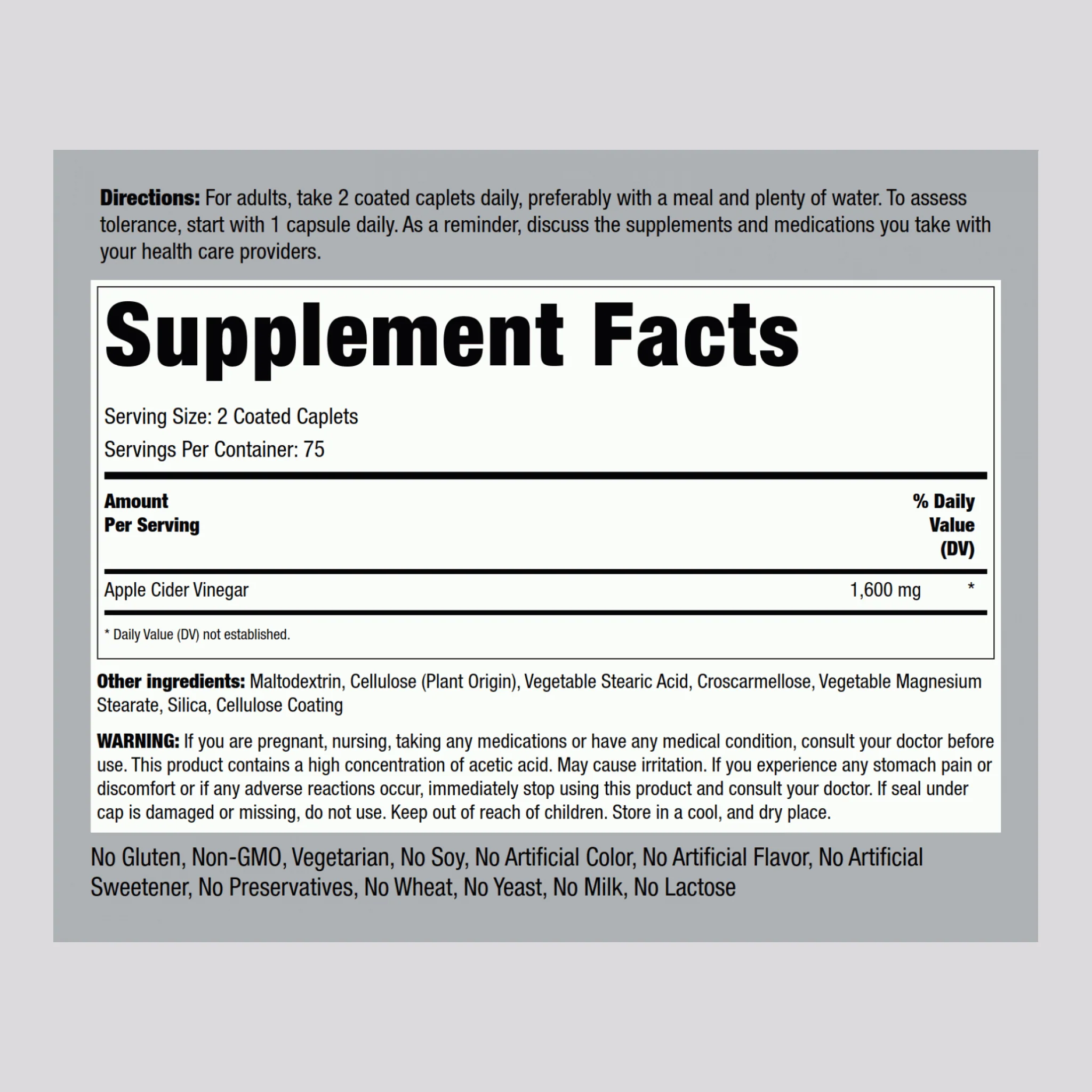 Mega Potency Apple Cider Vinegar, 1600 mg (per serving), 150 Coated Caplets - Image 2