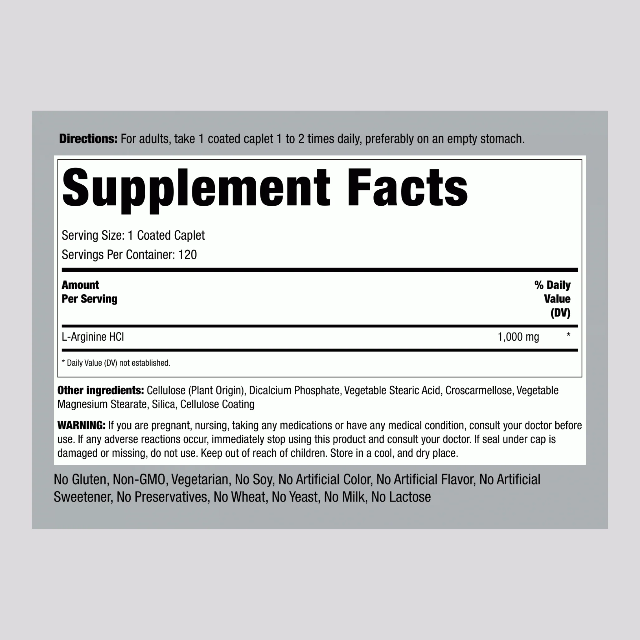 Mega Strength L-Arginine HCL, 1000 mg, 120 Coated Caplets - Image 2