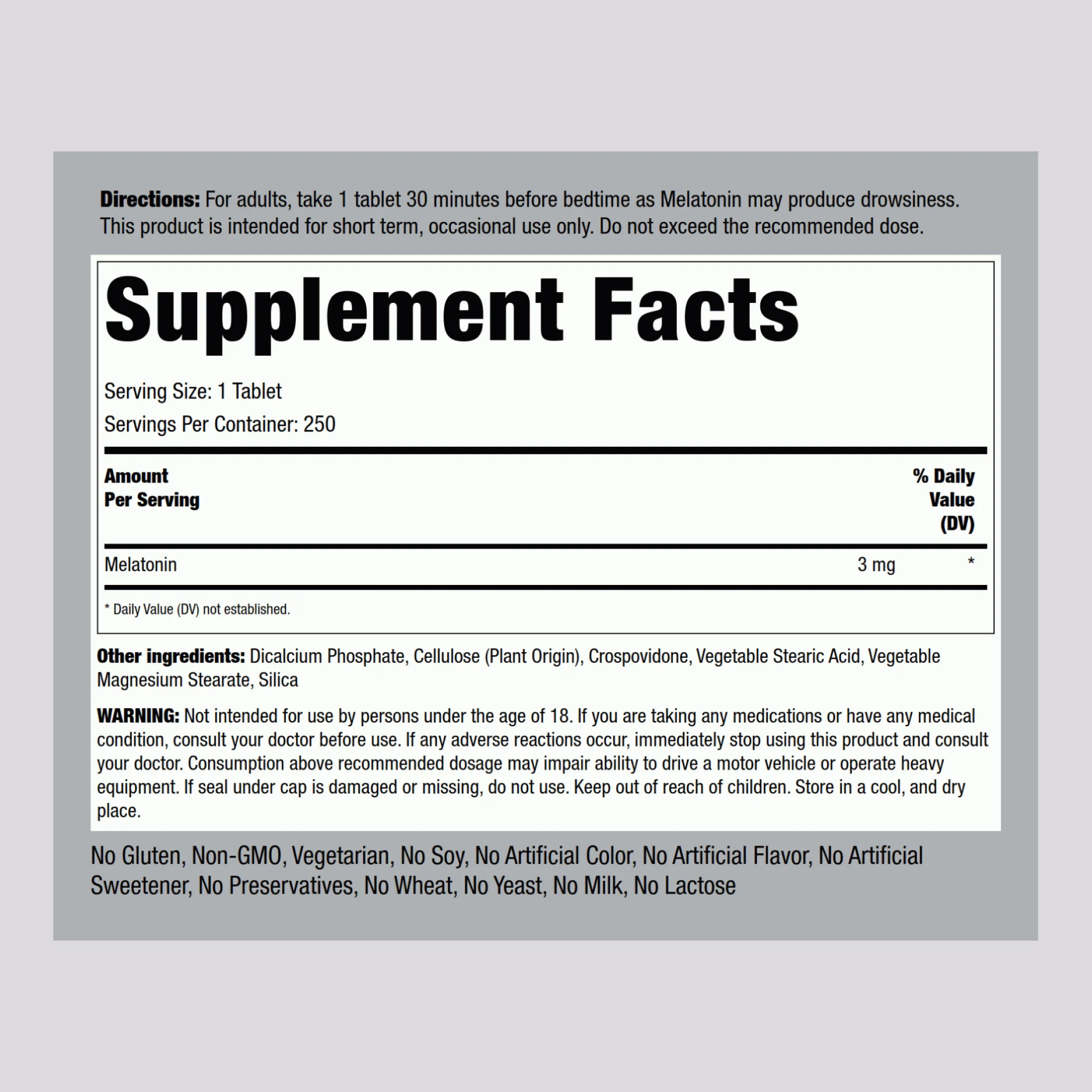 Melatonin, 3 mg, 250 Tablets, 2  Bottles - Image 2