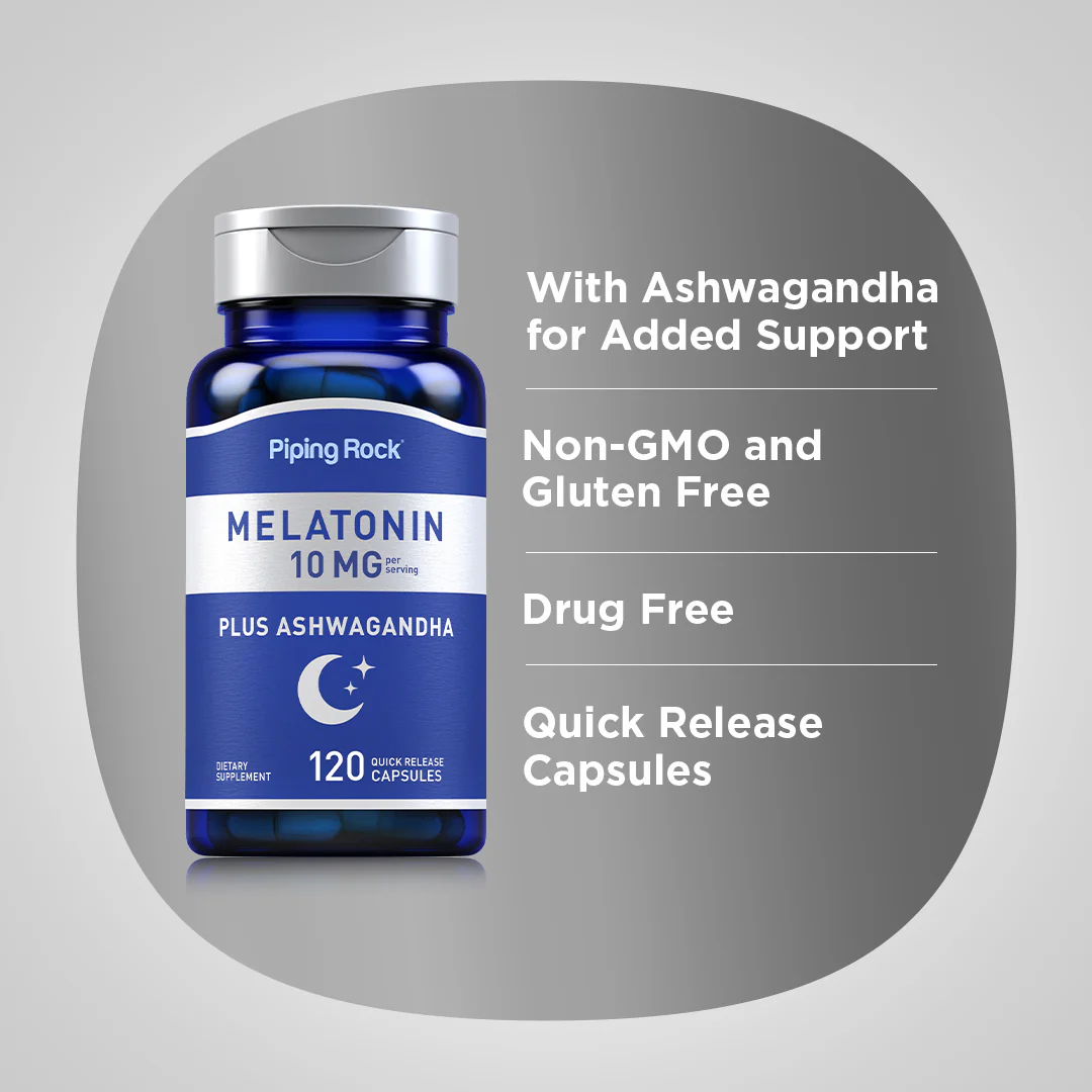 Melatonin Plus Ashwagandha, 10 mg (per serving), 120 Quick Release Capsules, 2  Bottles - Image 3