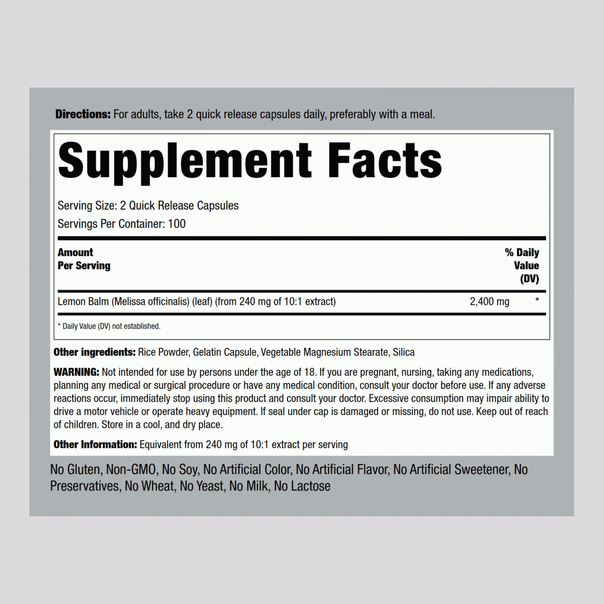 Melissa (Lemon Balm), 2400 mg (per serving), 200 Quick Release Capsules - Image 2