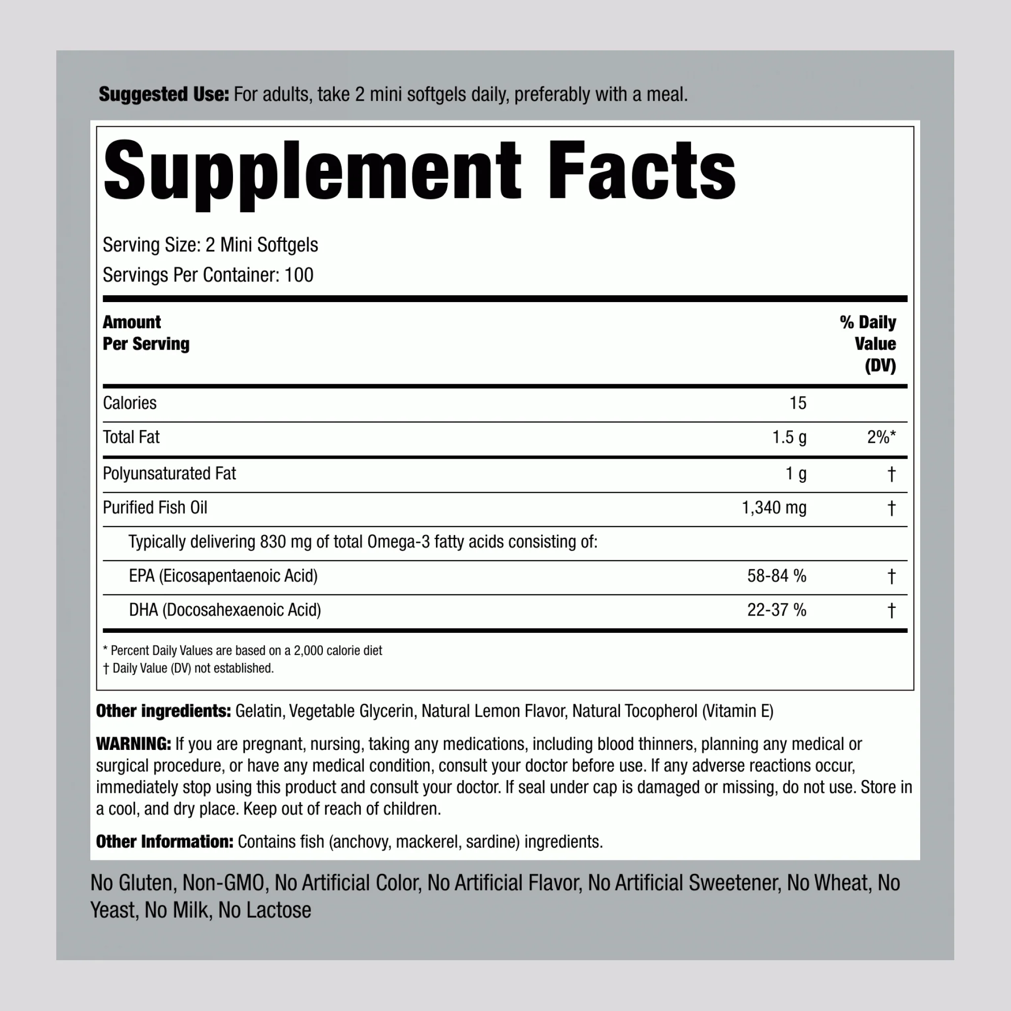 Mini Omega-3 Fish Oil Lemon Flavor, 1340 mg (per serving), 200 Mini Softgels - Image 2