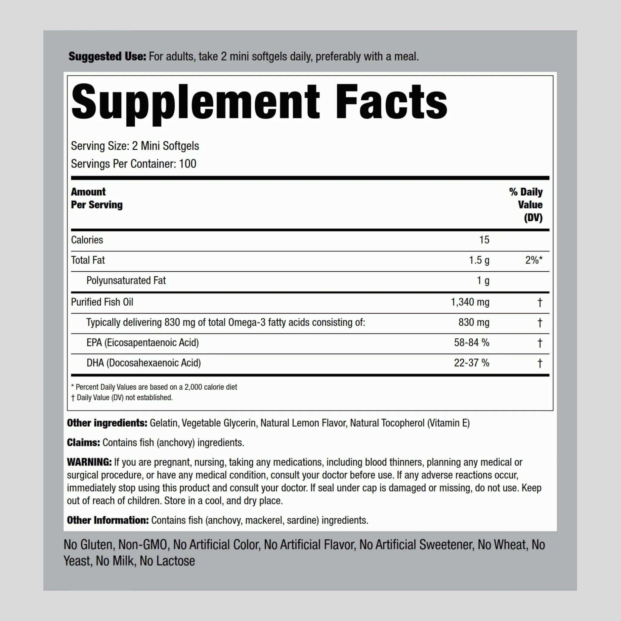 Mini Omega-3 Fish Oil Lemon Flavor, 1340 mg (per serving), 200 Mini Softgels, 2  Bottles - Image 2
