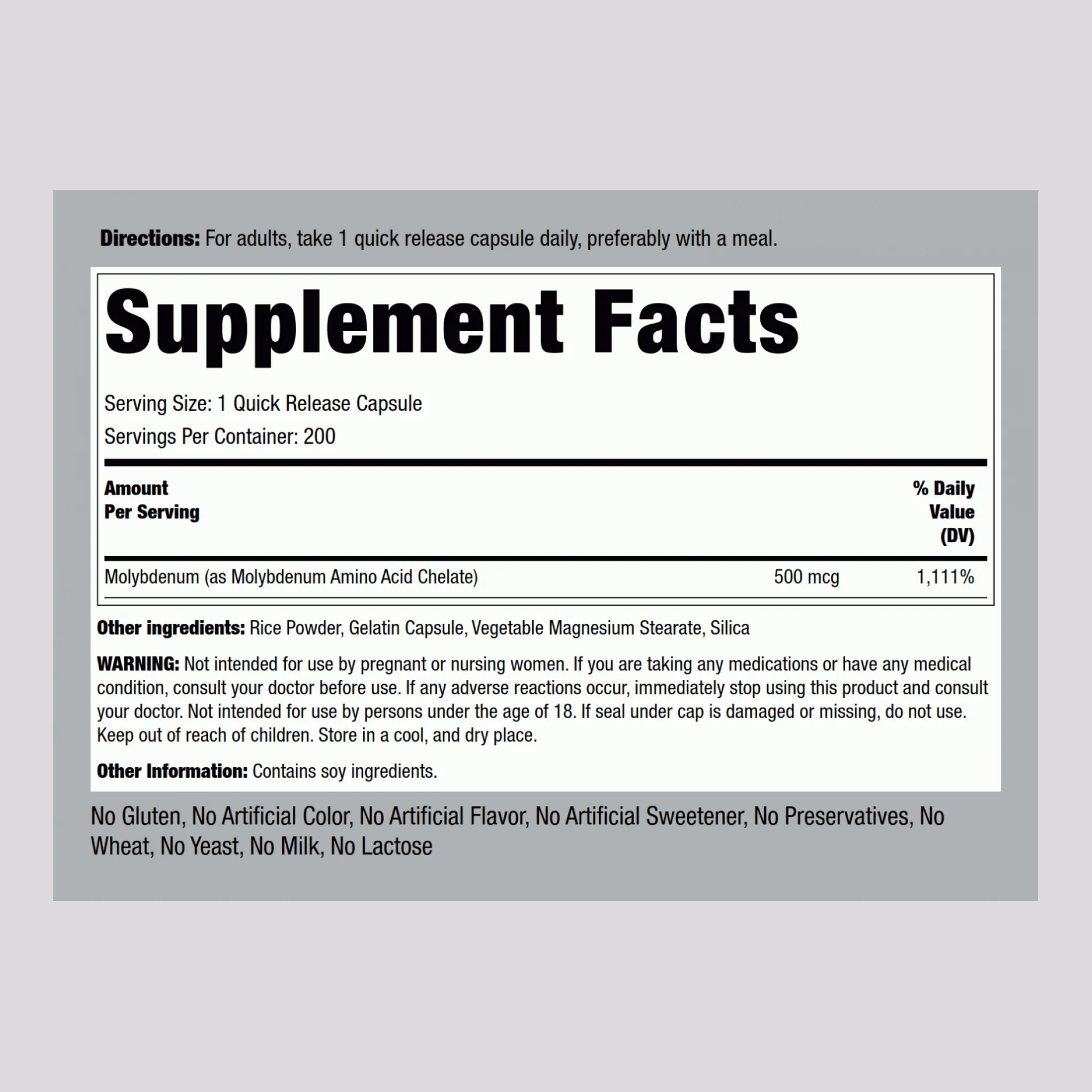 Molybdenum, 500 mcg, 200 Quick Release Capsules - Image 2