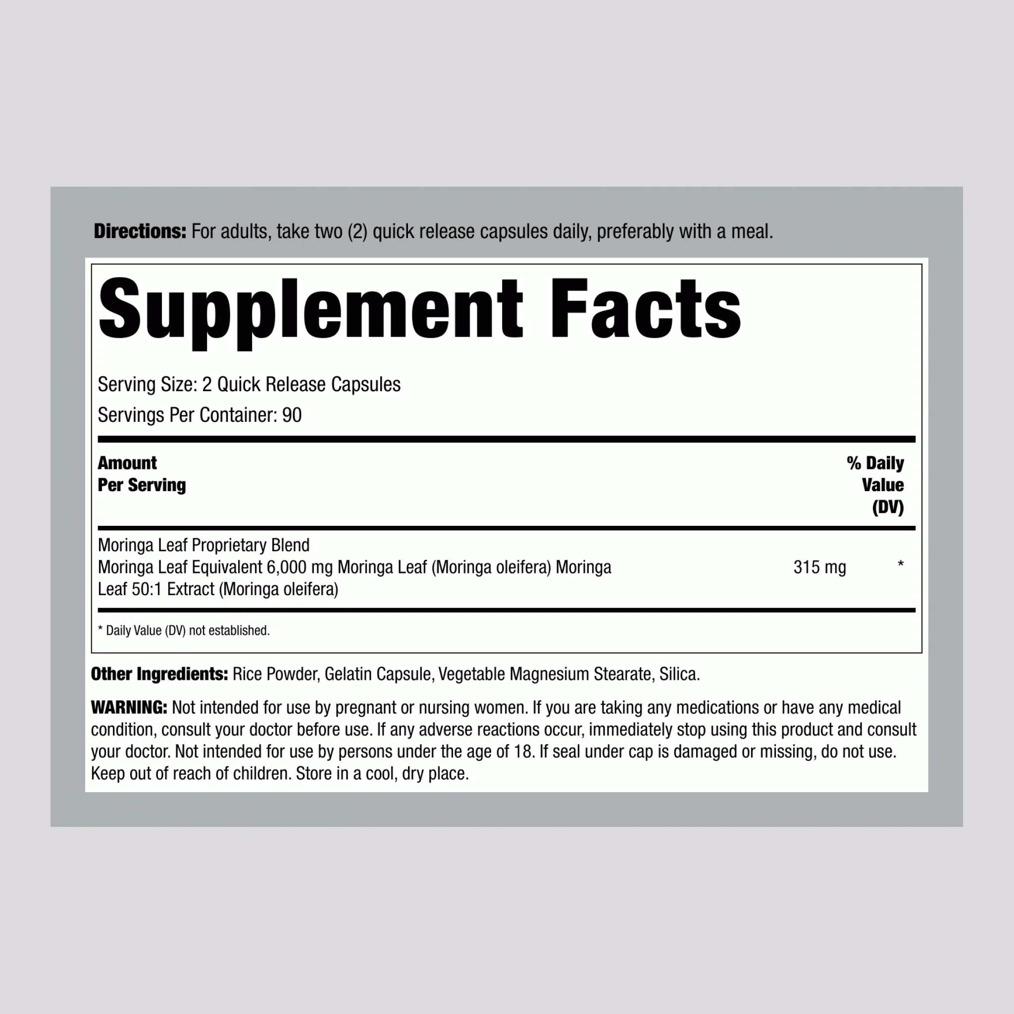 Moringa Oleifera, 6000 mg (per serving), 180 Quick Release Capsules - Image 2
