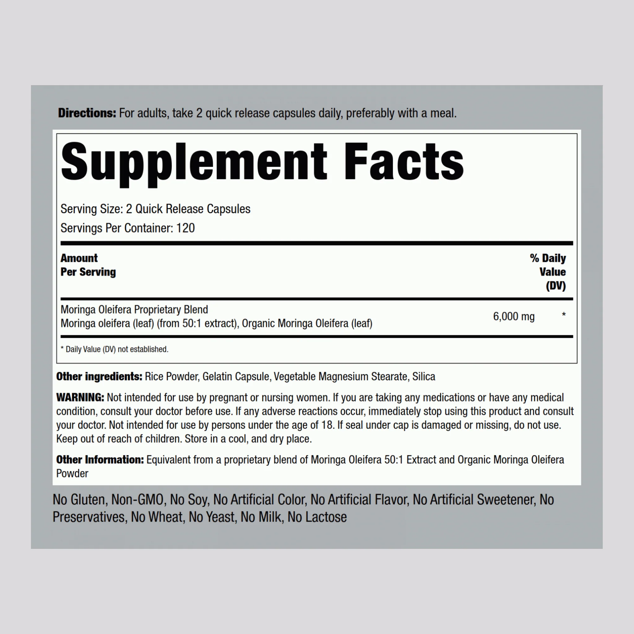 Moringa Oleifera, 6000 mg (per serving), 240 Quick Release Capsules - Image 2