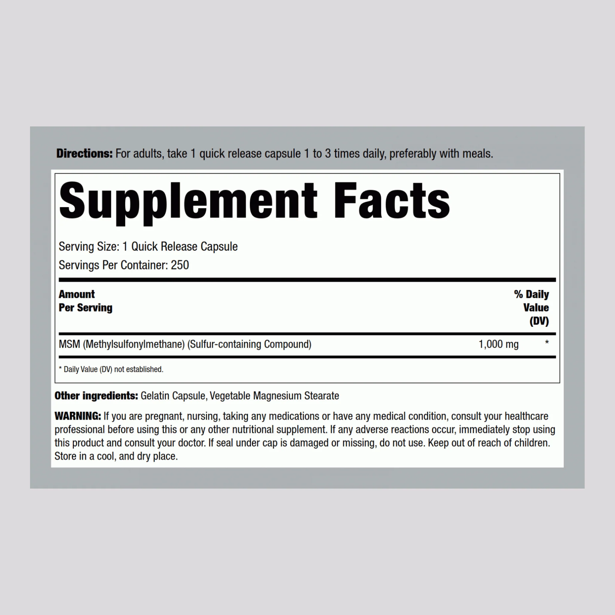 MSM + Sulfur, 1000 mg, 250 Quick Release Capsules, 2  Bottles - Image 2