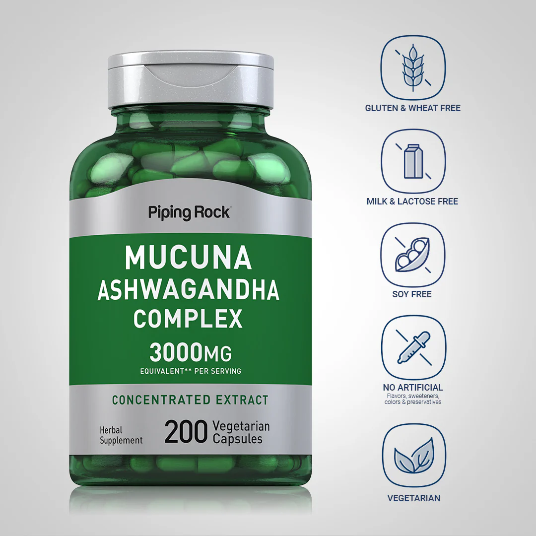 Mucuna Ashwagandha Complex, 3000 mg (per serving), 200 Vegetarian Capsules - Image 4