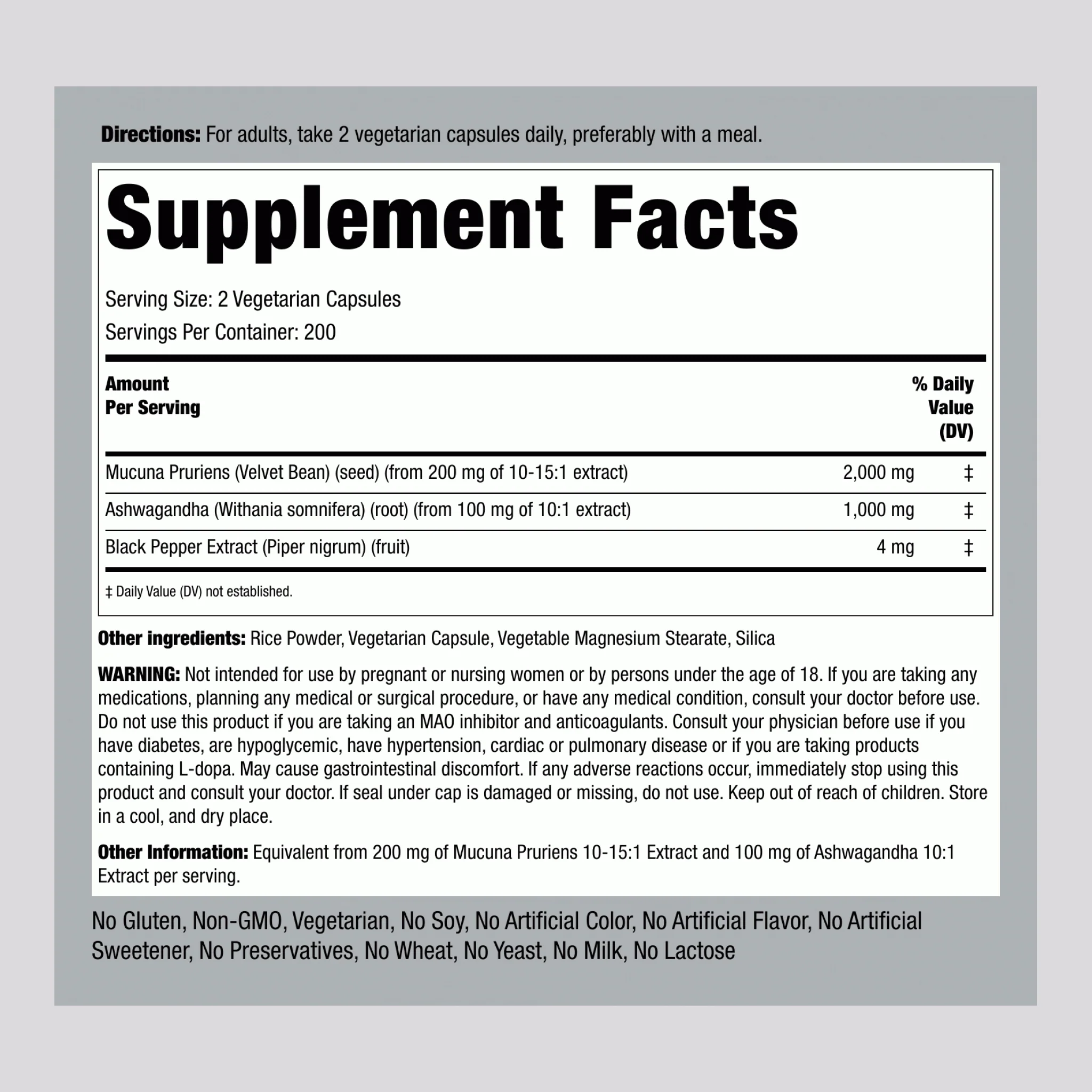 Mucuna Ashwagandha Complex, 3000 mg (per serving), 200 Vegetarian Capsules, 2  Bottles - Image 2
