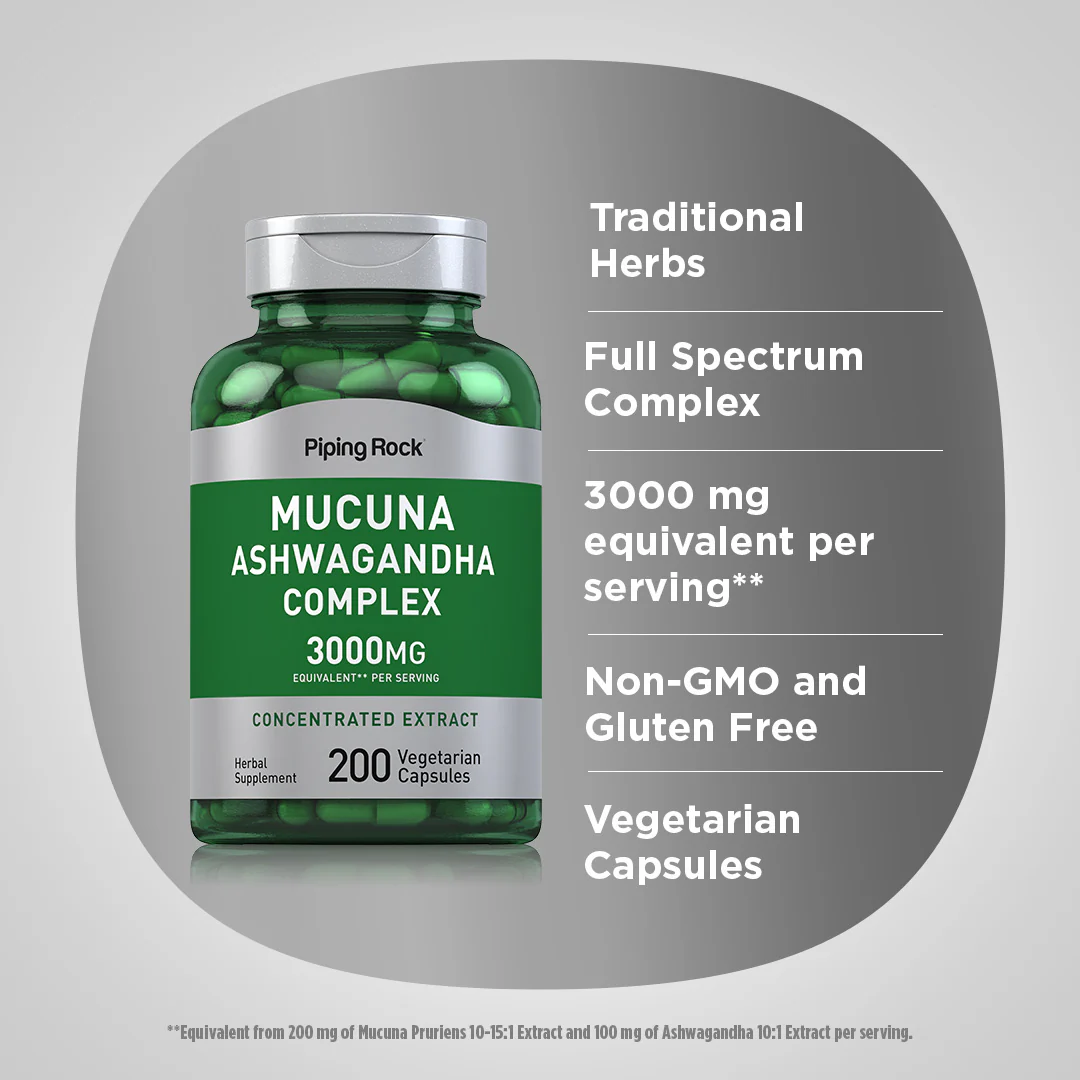 Mucuna Ashwagandha Complex, 3000 mg (per serving), 200 Vegetarian Capsules, 2  Bottles - Image 3