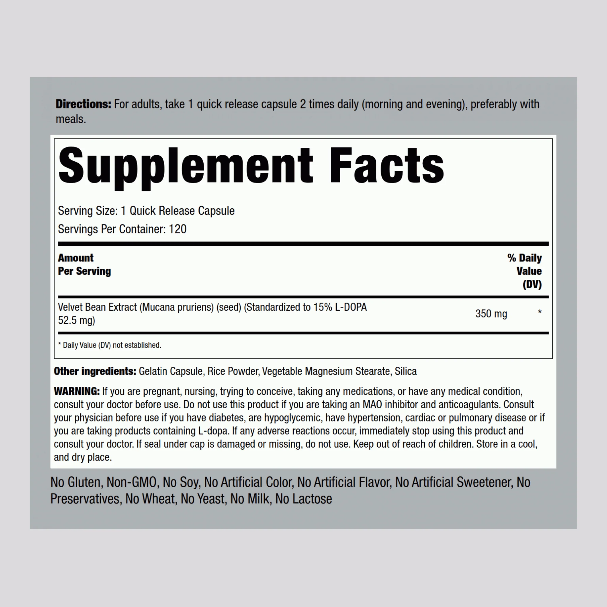 Mucuna Pruriens Standardized (Velvet Bean), 350 mg, 180 Quick Release Capsules, 2  Bottles - Image 2