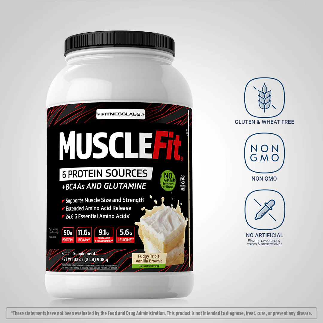 MuscleFit Protein Powder (Natural Fudgy Triple Vanilla Brownie), 2 lb (908 g) Bottle - Image 4