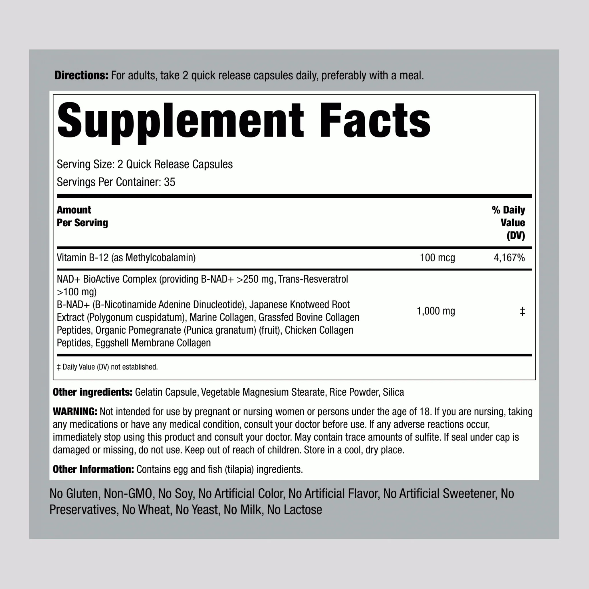 NAD + Resveratrol, Multi Collagen, 70 Quick Release Capsules - Image 2
