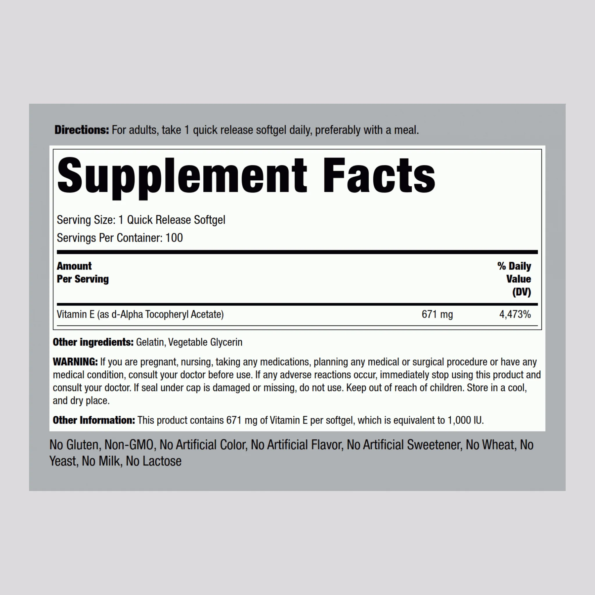 Natural Vitamin E, 1000 IU, 100 Quick Release Softgels - Image 2