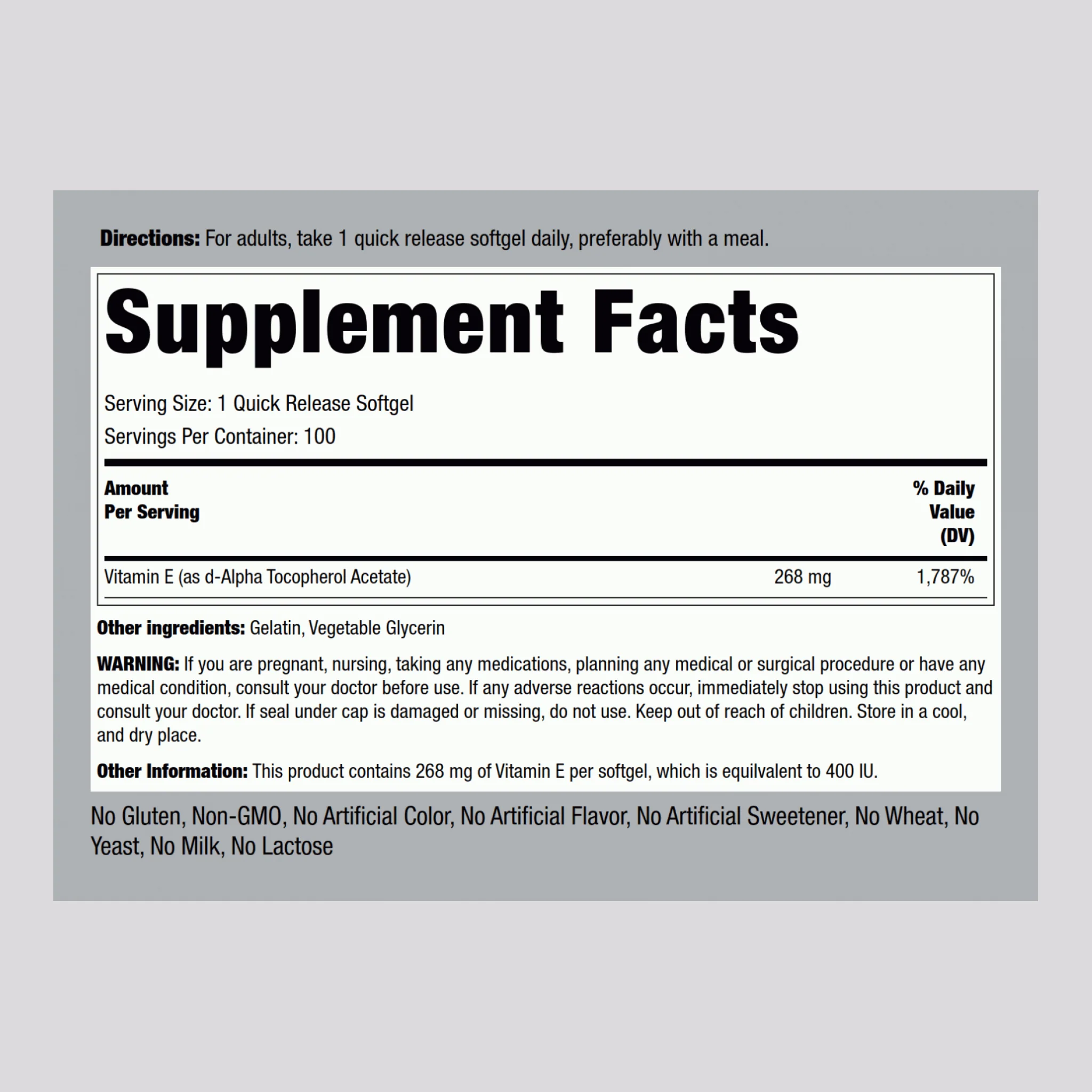 Natural Vitamin E, 400 IU, 100 Quick Release Softgels, 2  Bottles - Image 2