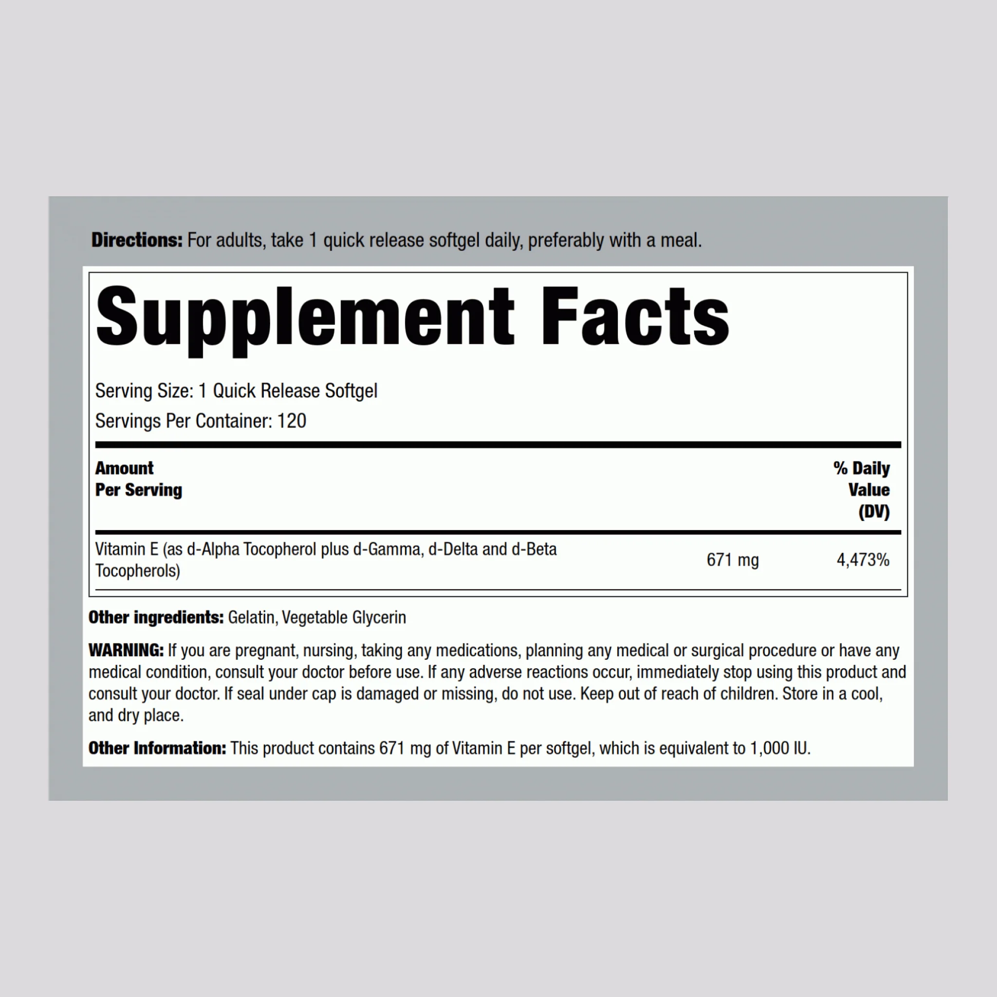 Natural Vitamin E Plus Mixed Tocopherols, 1000 IU, 120 Quick Release Softgels - Image 2