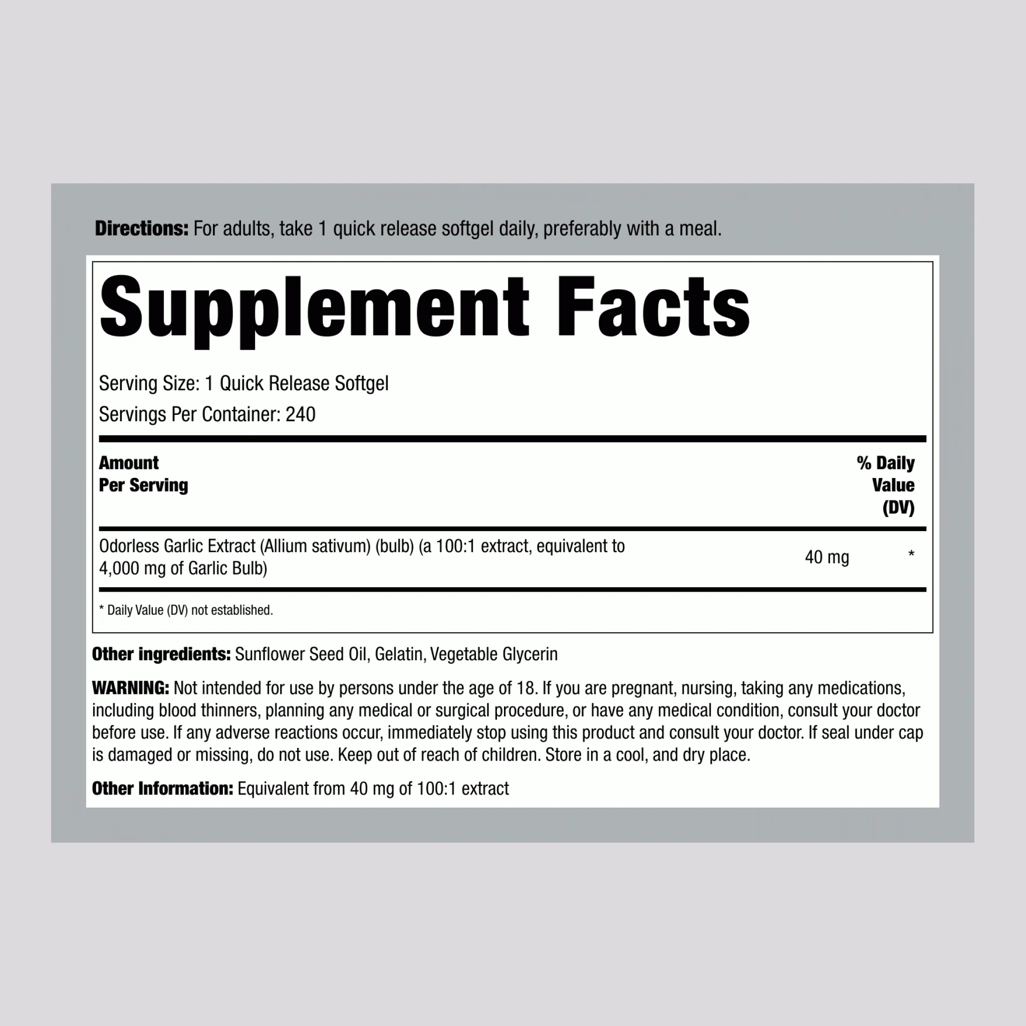 Odorless Garlic, 4000 mg, 240 Quick Release Softgels - Image 2