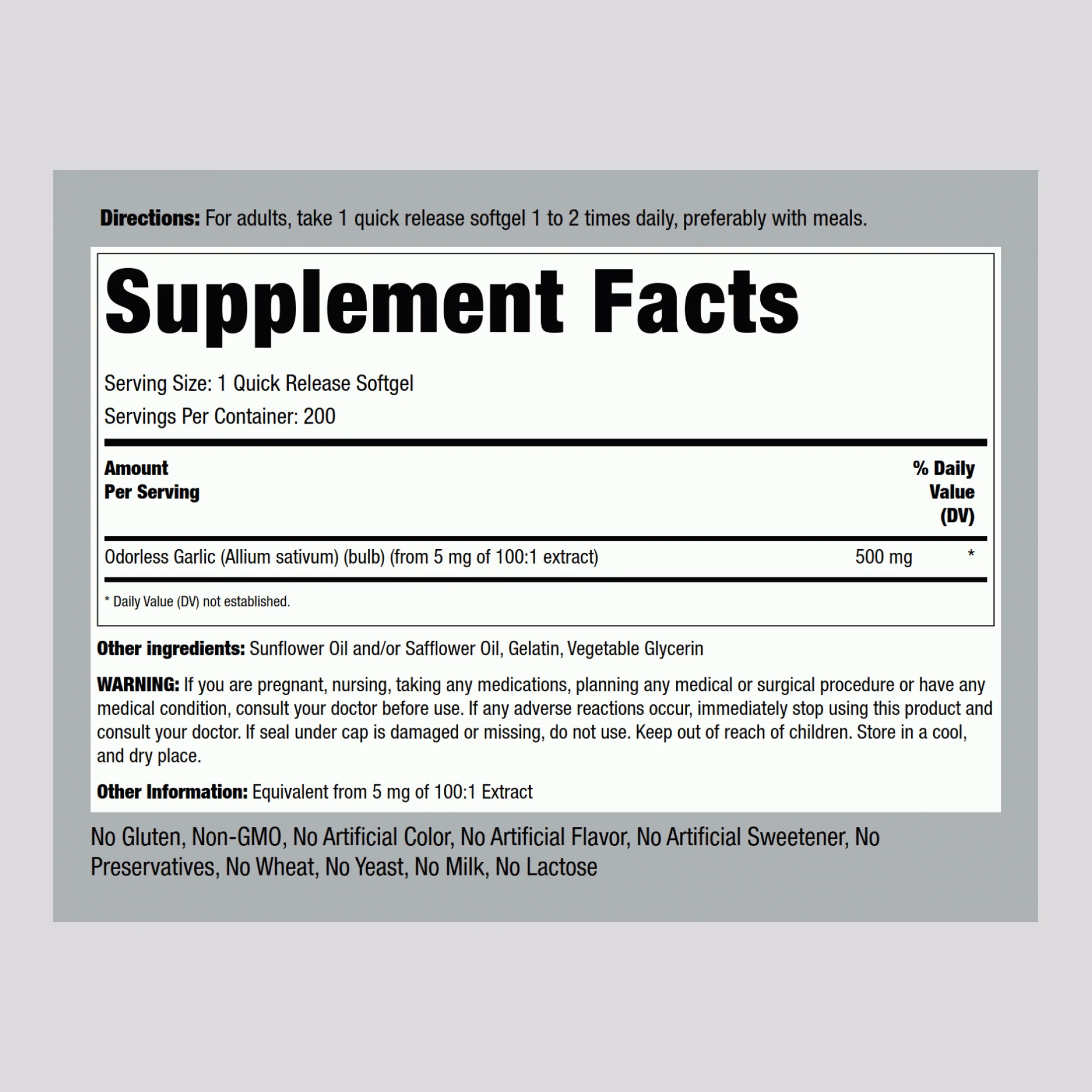 Odorless Garlic, 500 mg, 200 Quick Release Softgels - Image 2