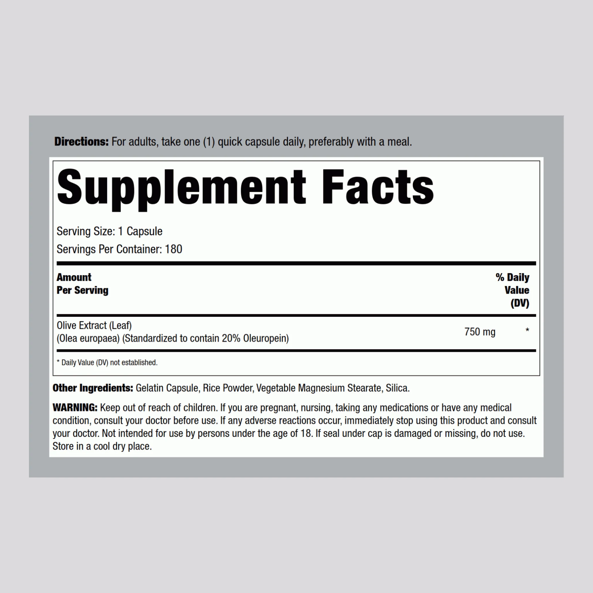Olive Leaf Standardized Extract, 750 mg, 180 Capsules - Image 2