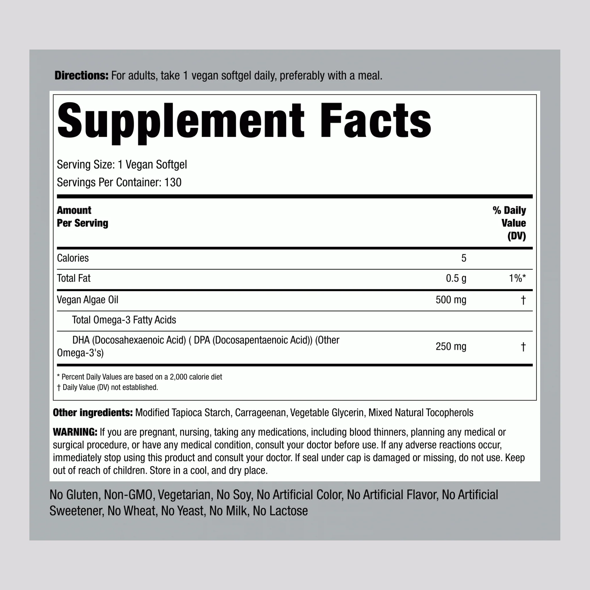 Omega-3 Algae Oil Vegan, 500 mg, 130 Veggie Gels - Image 2