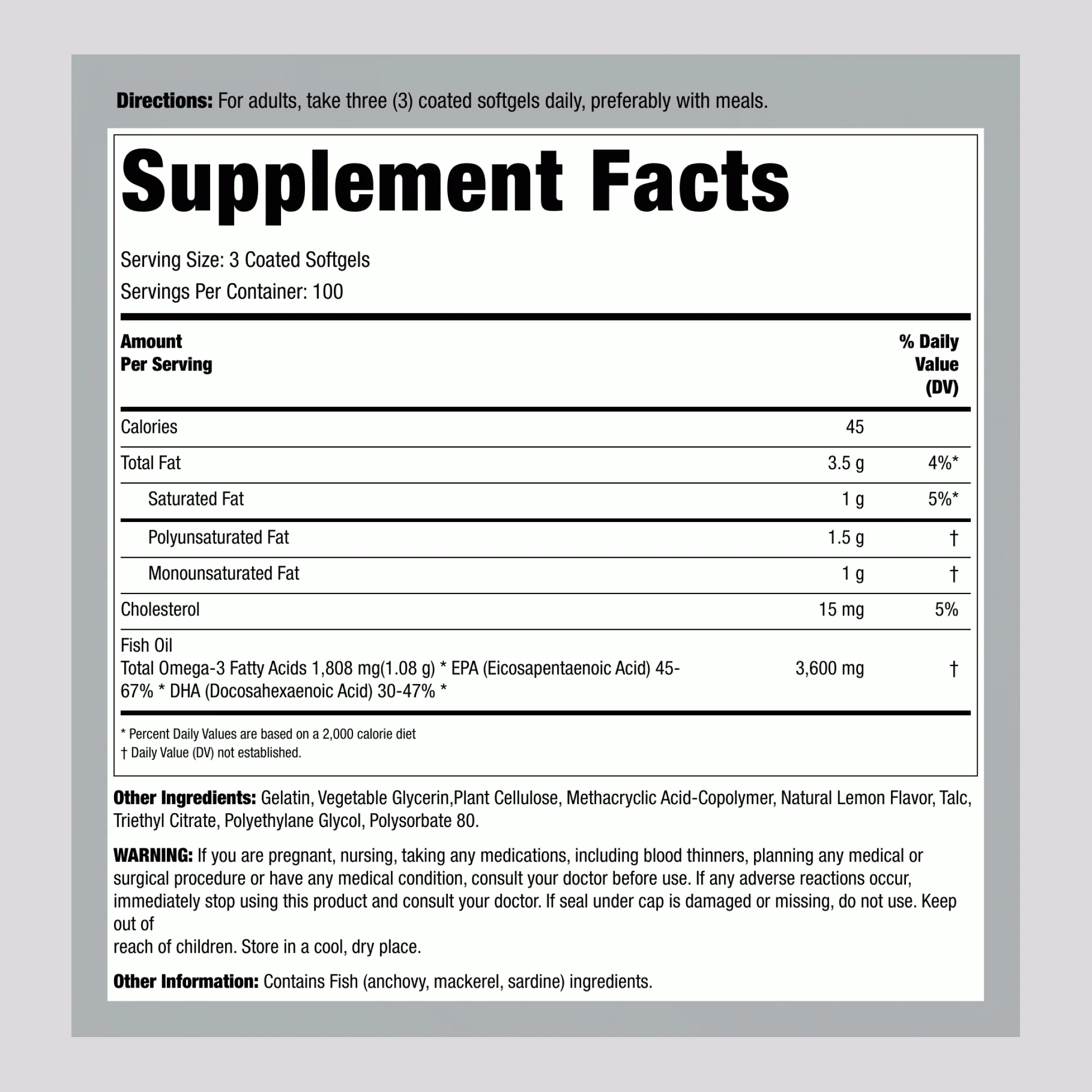 Omega-3 Fish Oil Burpless, 3600 mg (per serving), 300 Coated Softgels - Image 2
