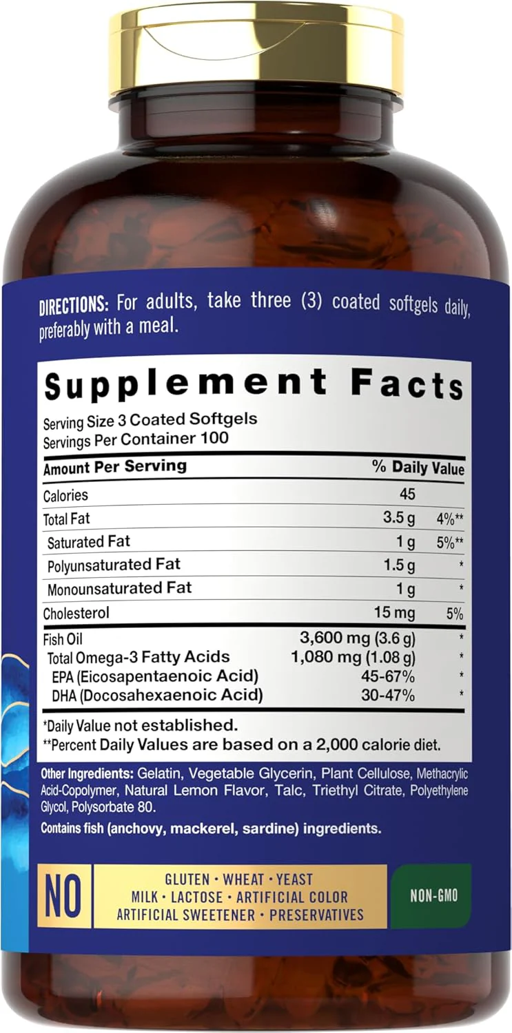 Omega-3 Fish Oil Burpless, 3600 mg (per serving), 300 Coated Softgels - Image 3