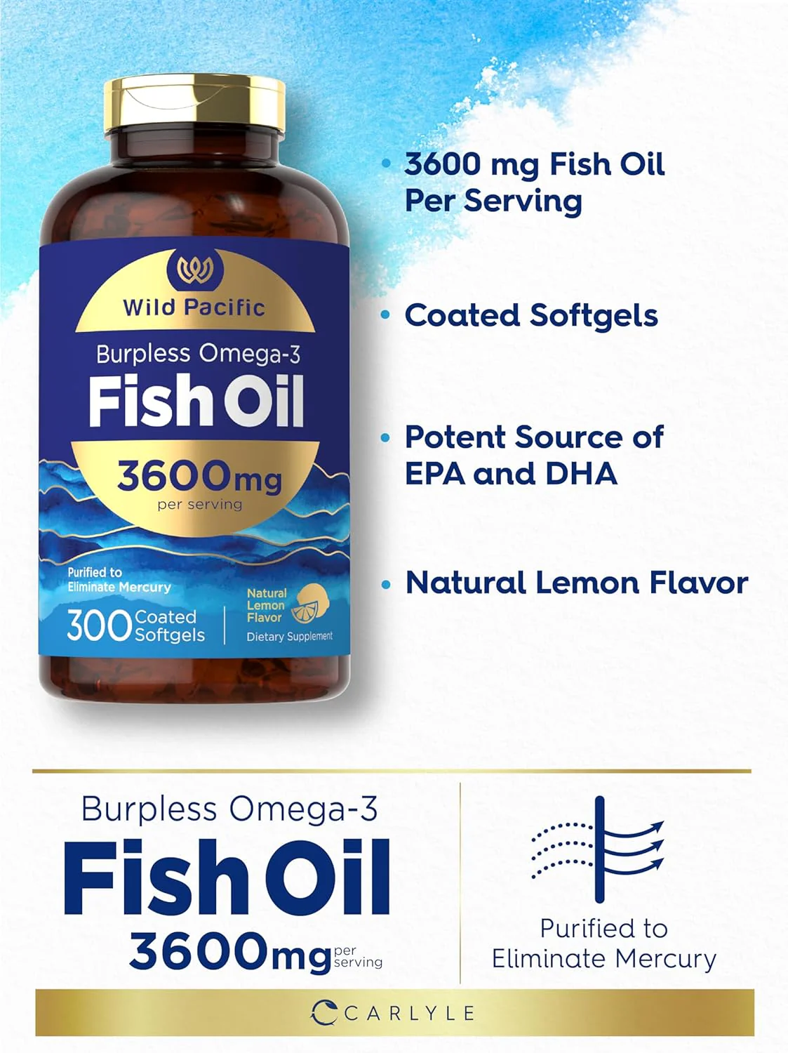 Omega-3 Fish Oil Burpless, 3600 mg (per serving), 300 Coated Softgels - Image 5