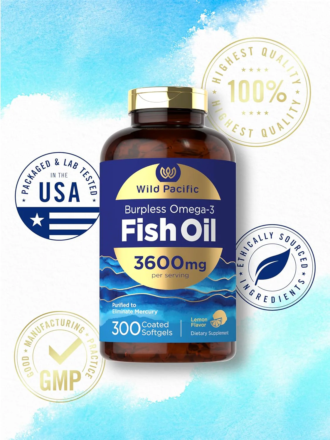 Omega-3 Fish Oil Burpless, 3600 mg (per serving), 300 Coated Softgels - Image 6