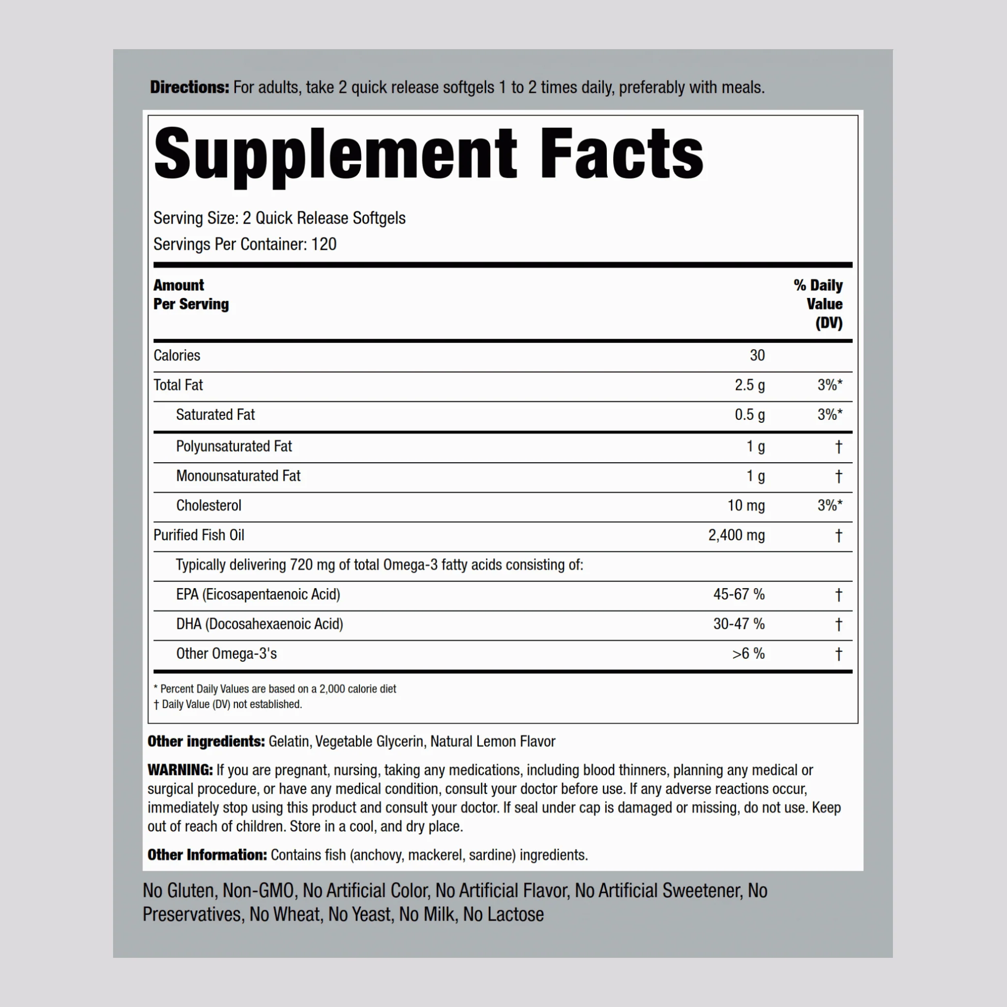 Omega-3 Fish Oil (Natural Lemon), 1200 mg, 240 Quick Release Softgels - Image 2
