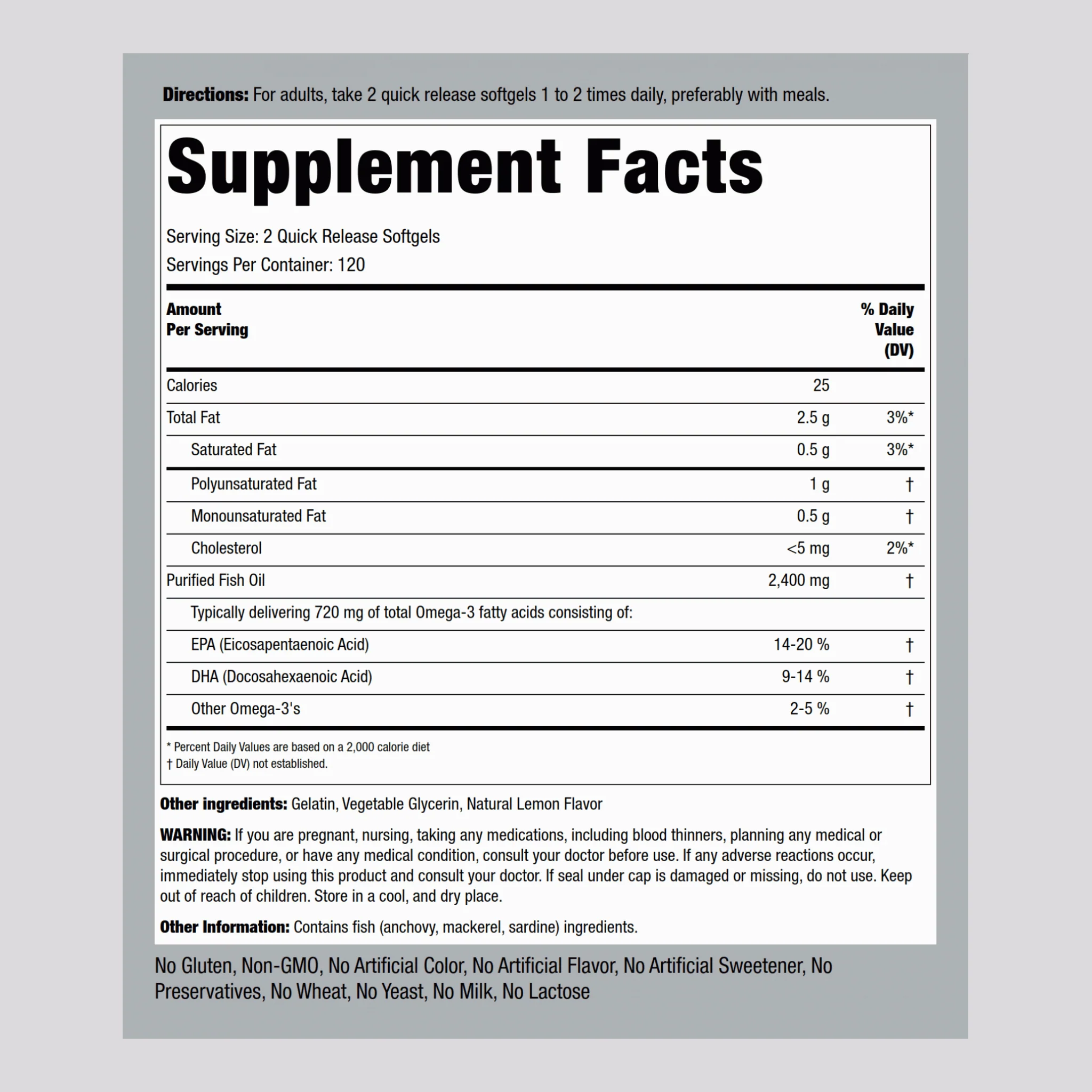 Omega-3 Fish Oil (Natural Lemon), 1200 mg, 240 Quick Release Softgels, 2  Bottles - Image 2