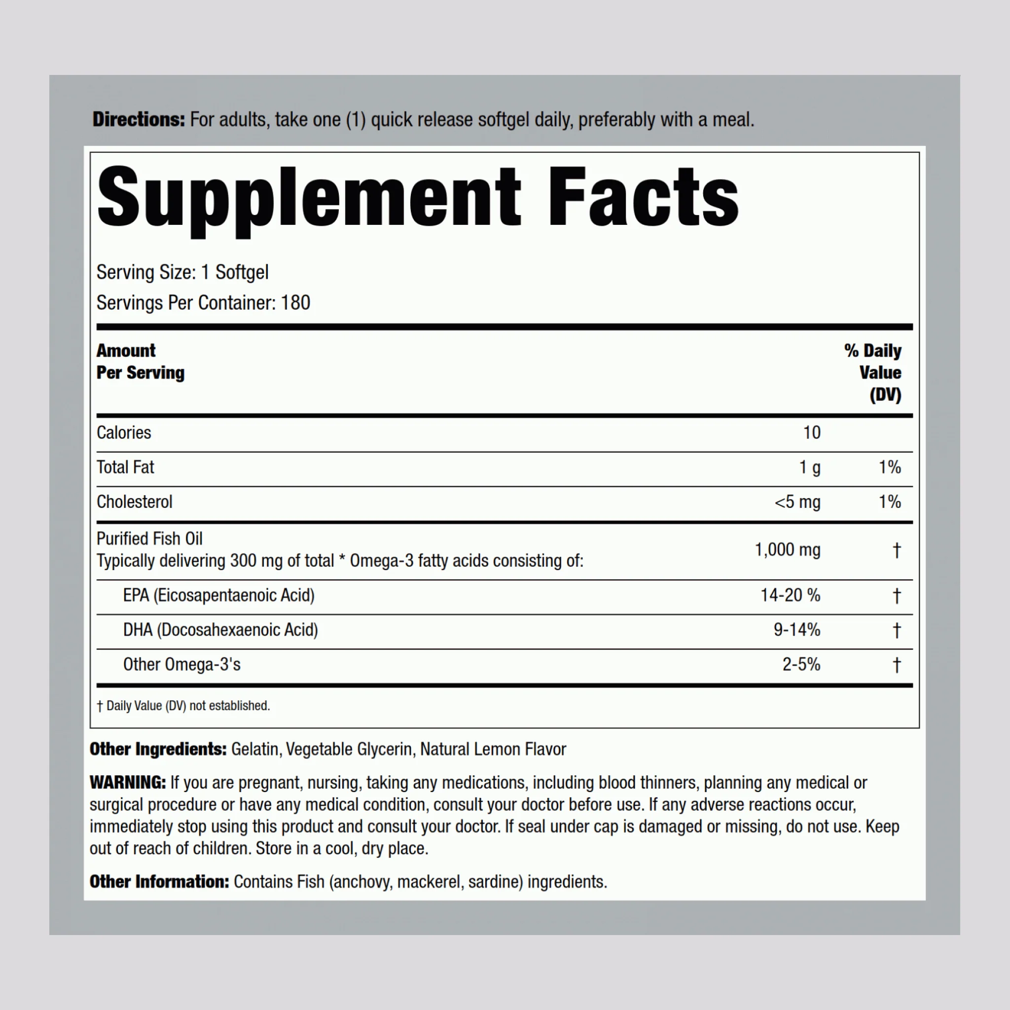 Omega-3 Fish Oil Regular Strength (Lemon), 1000 mg, 180 Quick Release Softgels - Image 2