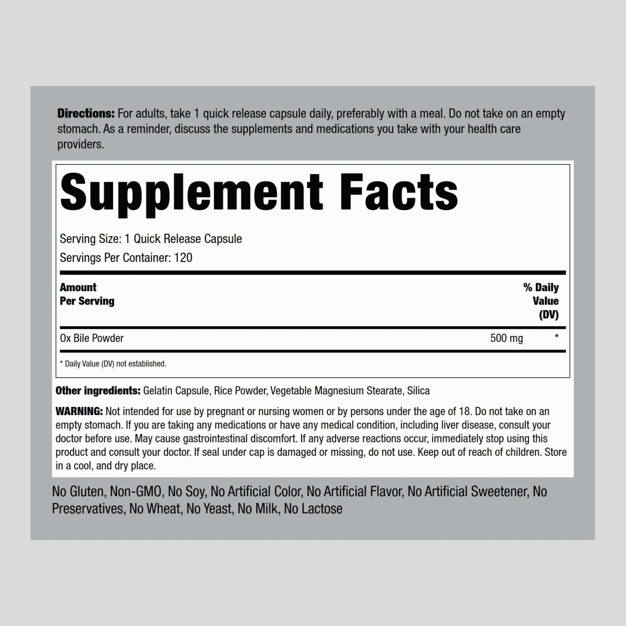 Ox Bile, 500 mg (per serving), 120 Quick Release Capsules - Image 2