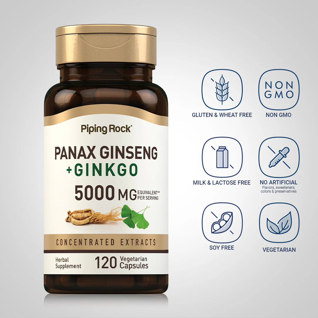 Panax Ginseng + Ginkgo, 5000 mg (per serving), 120 Vegetarian Capsules - Image 4