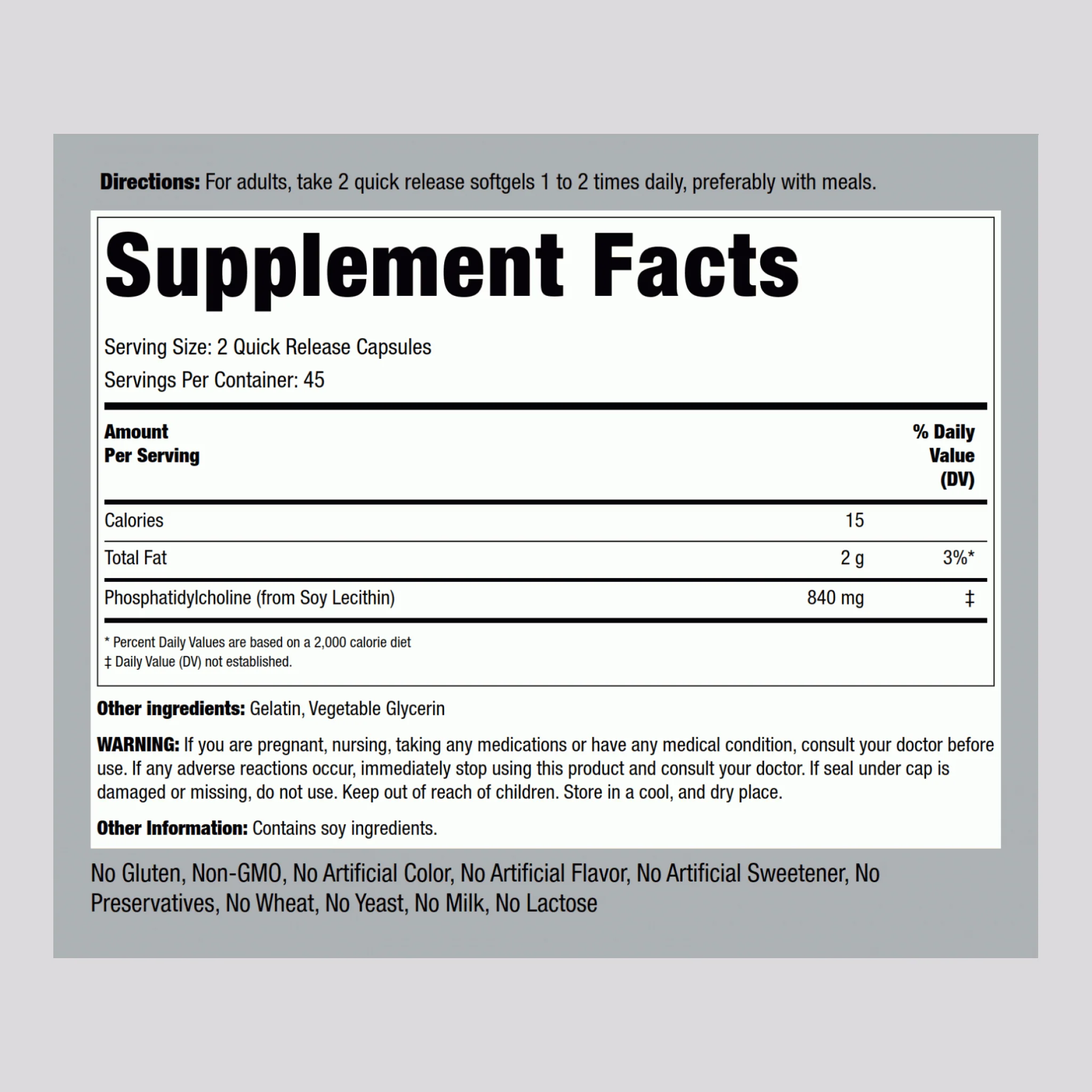 Phosphatidyl Choline, 840 mg (per serving), 90 Quick Release Softgels - Image 2