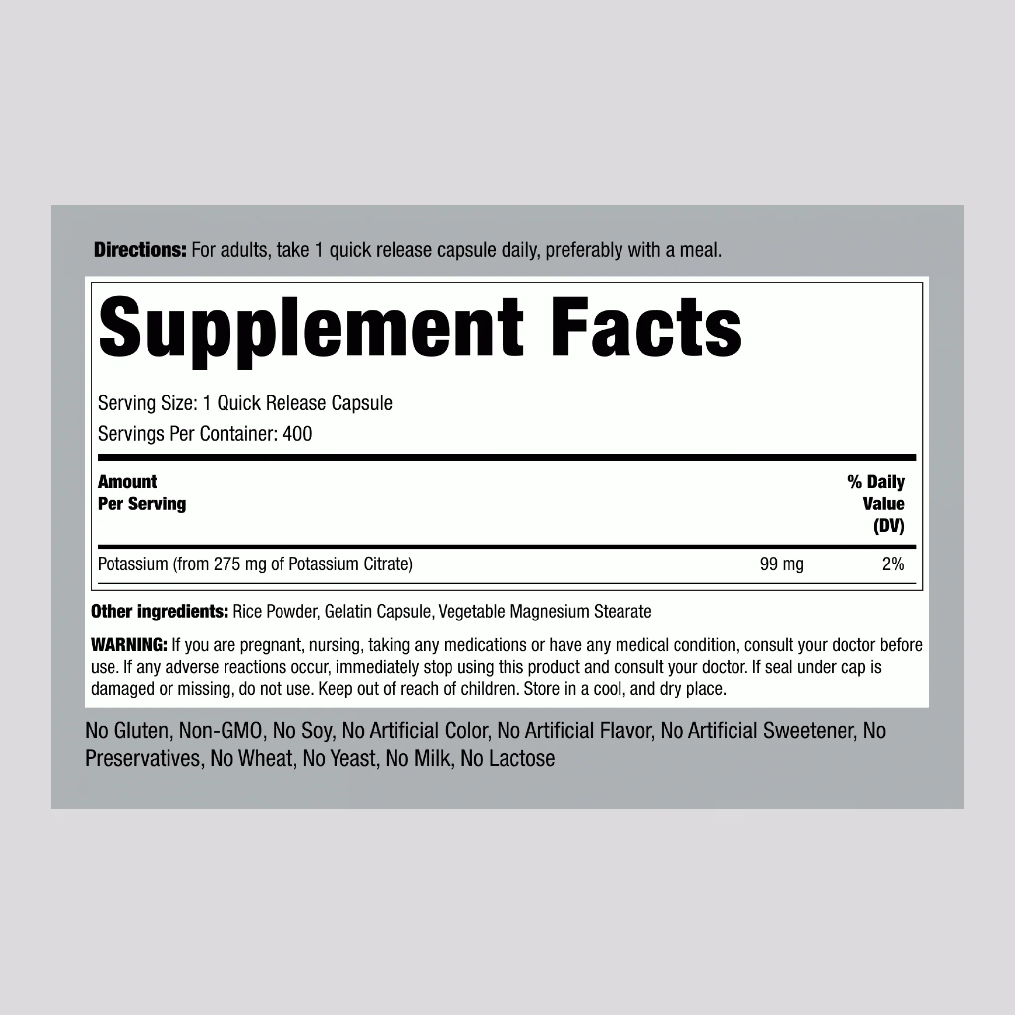 Potassium Citrate, 275 mg, 400 Quick Release Capsules - Image 2