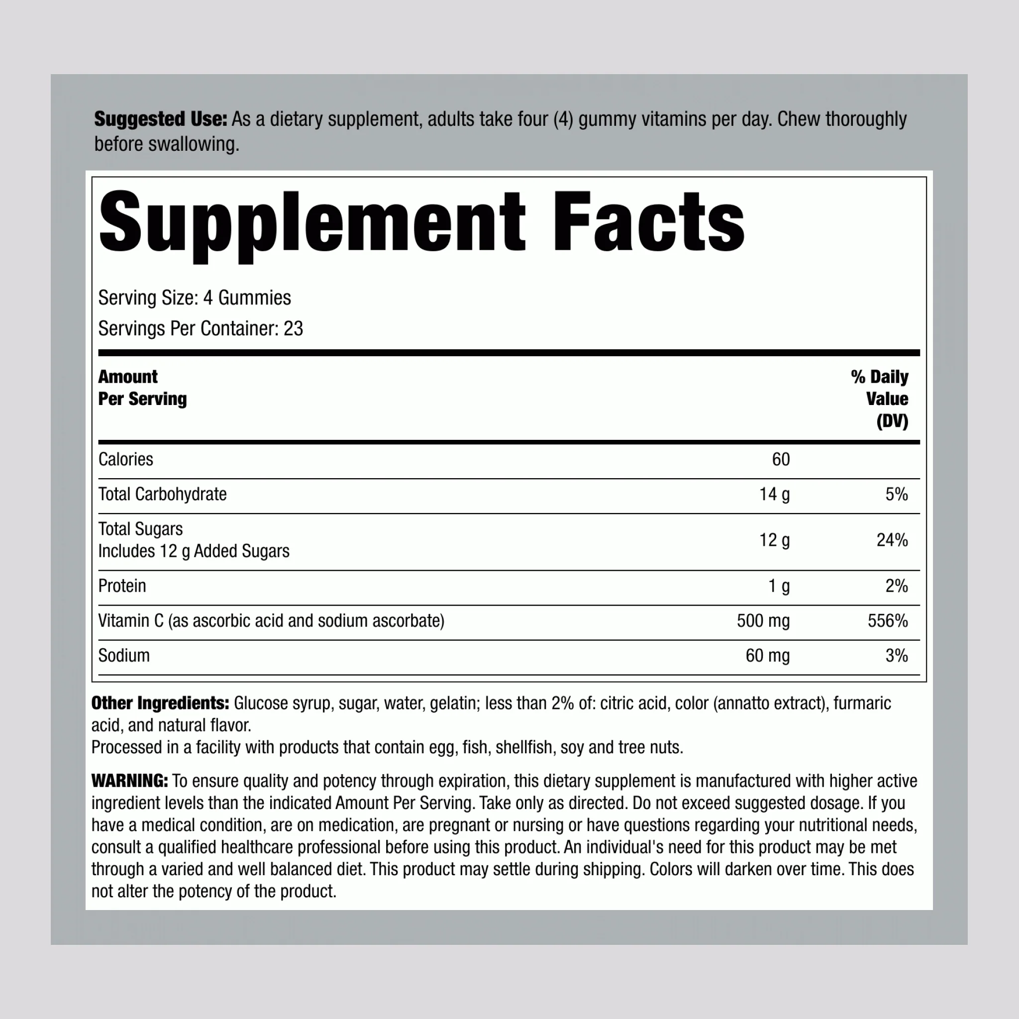 Power C (Tropical Citrus) 500 mg Extra Strength, 500 mg (per serving), 92 Gummies - Image 2